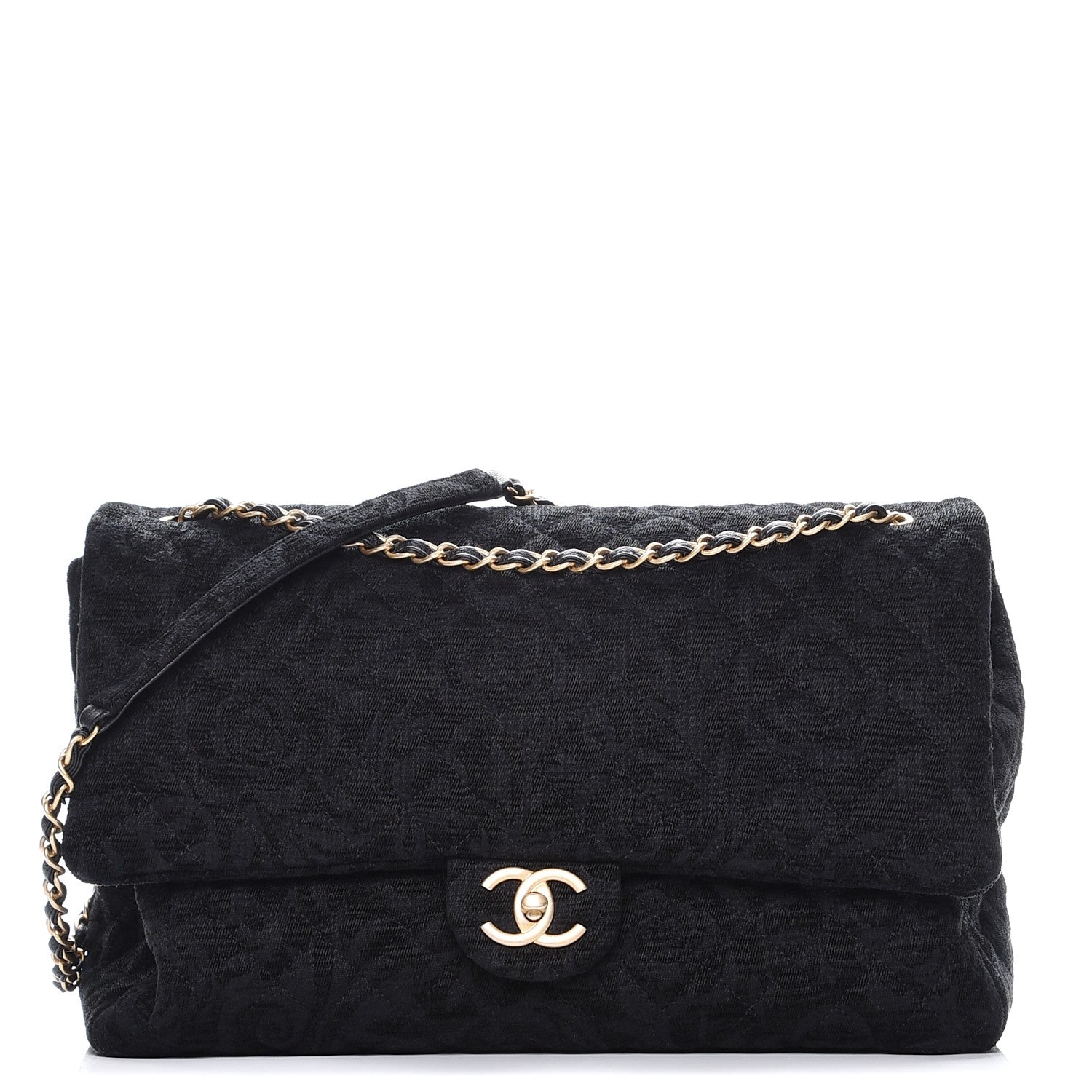 Chanel Velvet Camellia Stamped XXL Travel Flap Bag Black 1 of 9