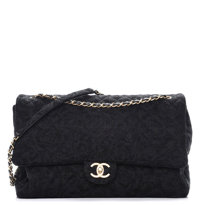 Chanel Velvet Camellia Stamped XXL Travel Flap Bag Black 1 of 9