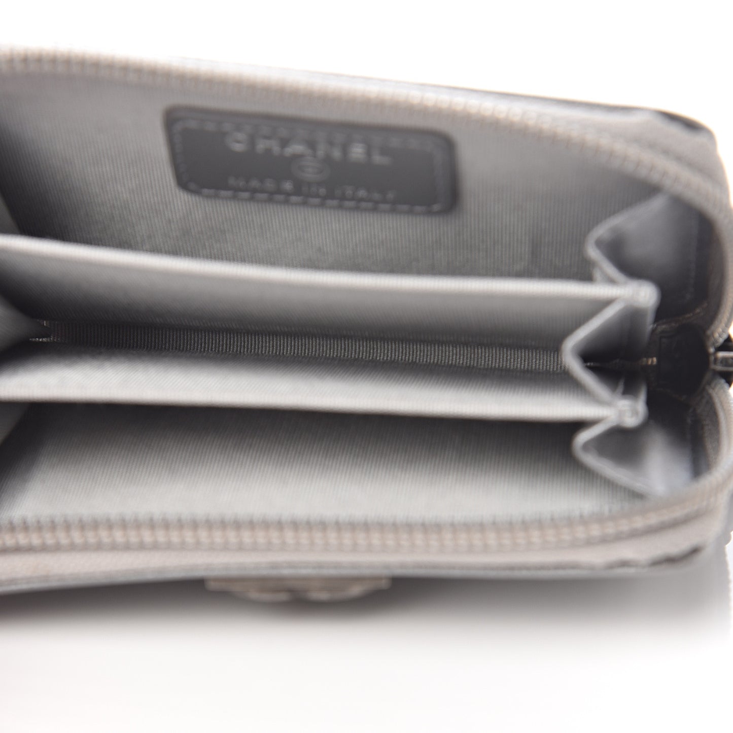 Metallic Caviar Quilted Boy Zip Around Coin Purse Wallet Silver