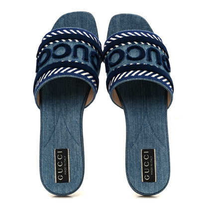Gucci New Denim Logo Embroidered Slide Sandal 39 Light Blue 2 of 10