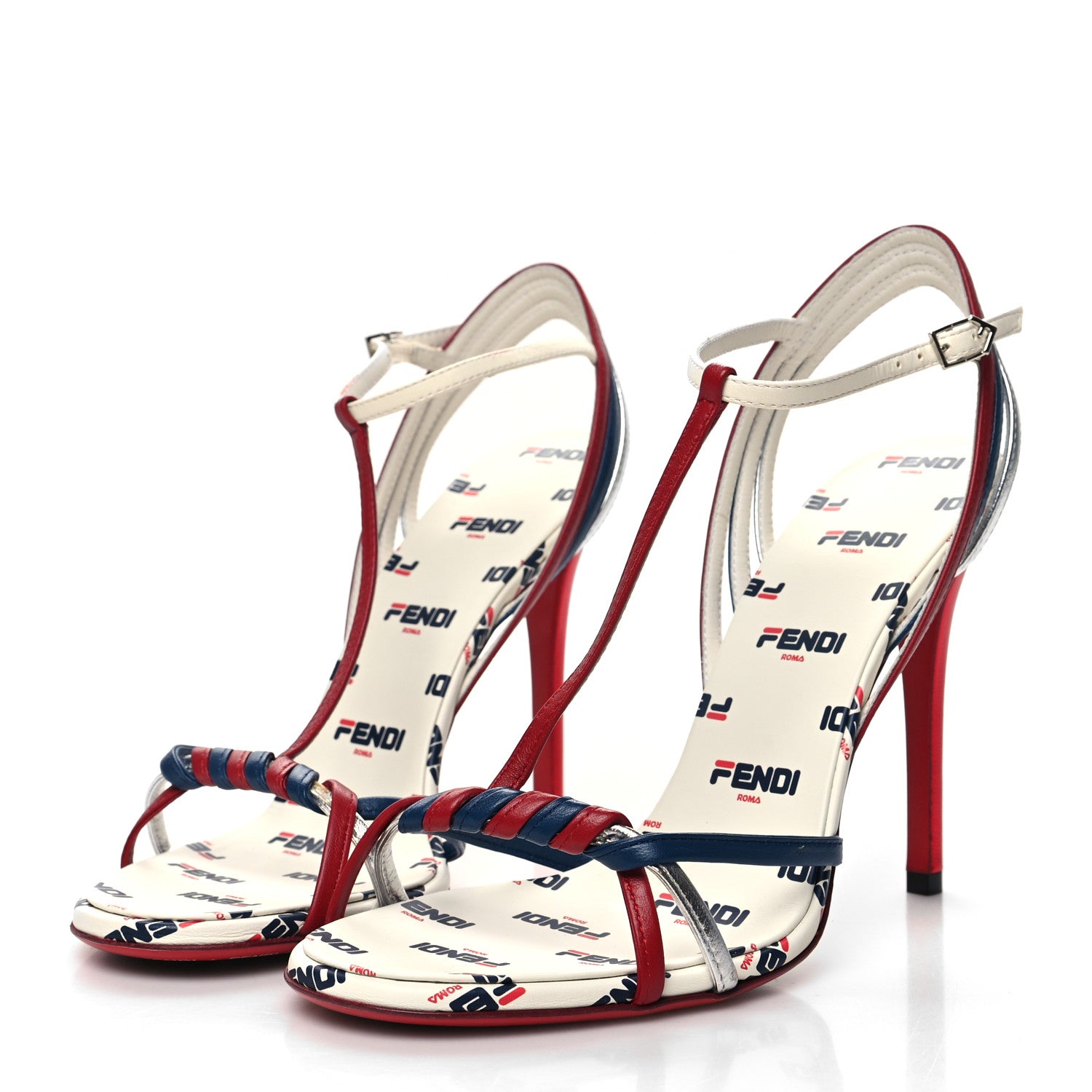Fendi X FILA Lambskin Mania Logo Print High Heel Sandal 40 White Blue Red Fragola 3 of 8