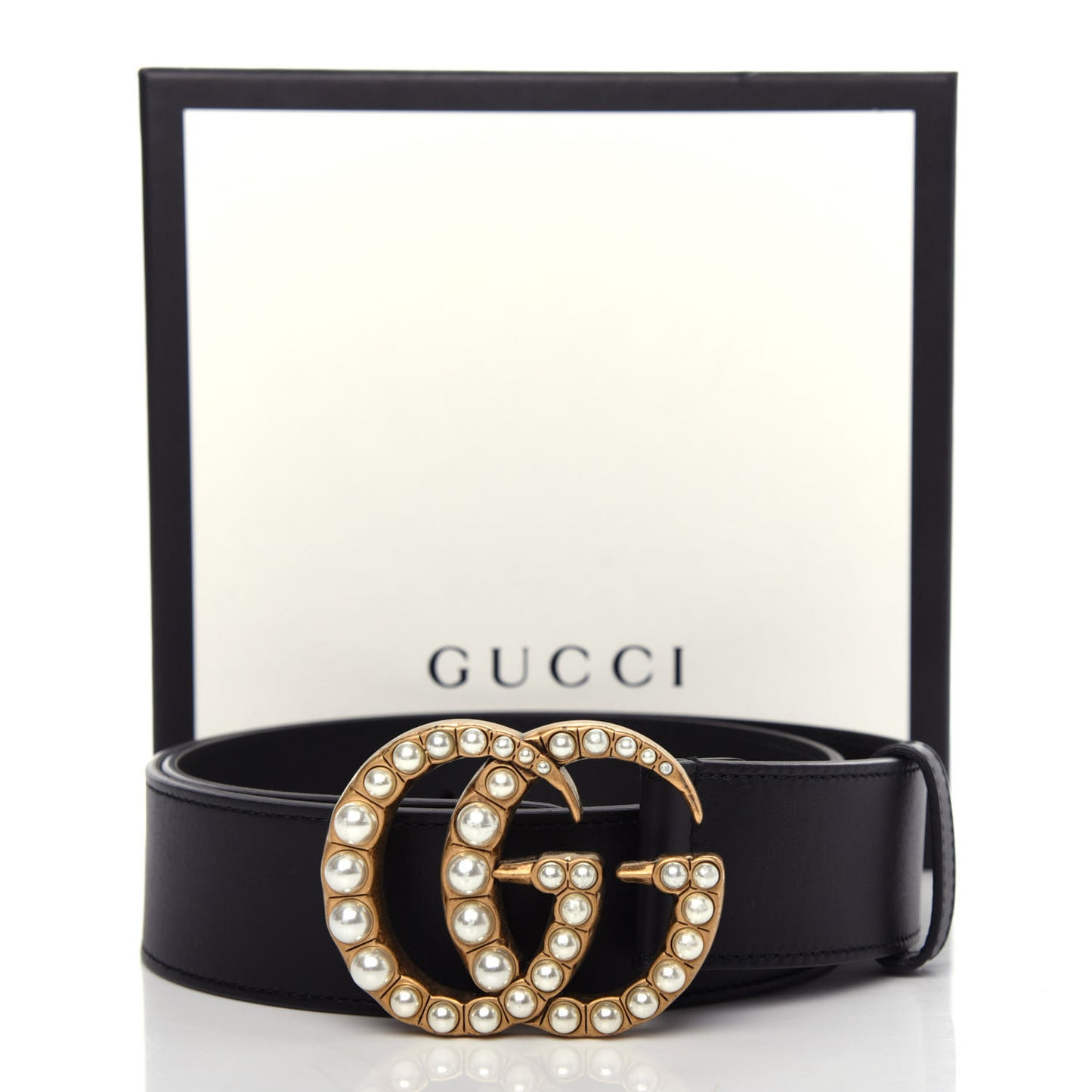 Moon Calfskin Pearl Double G 40mm Belt 80 32 Black Cream