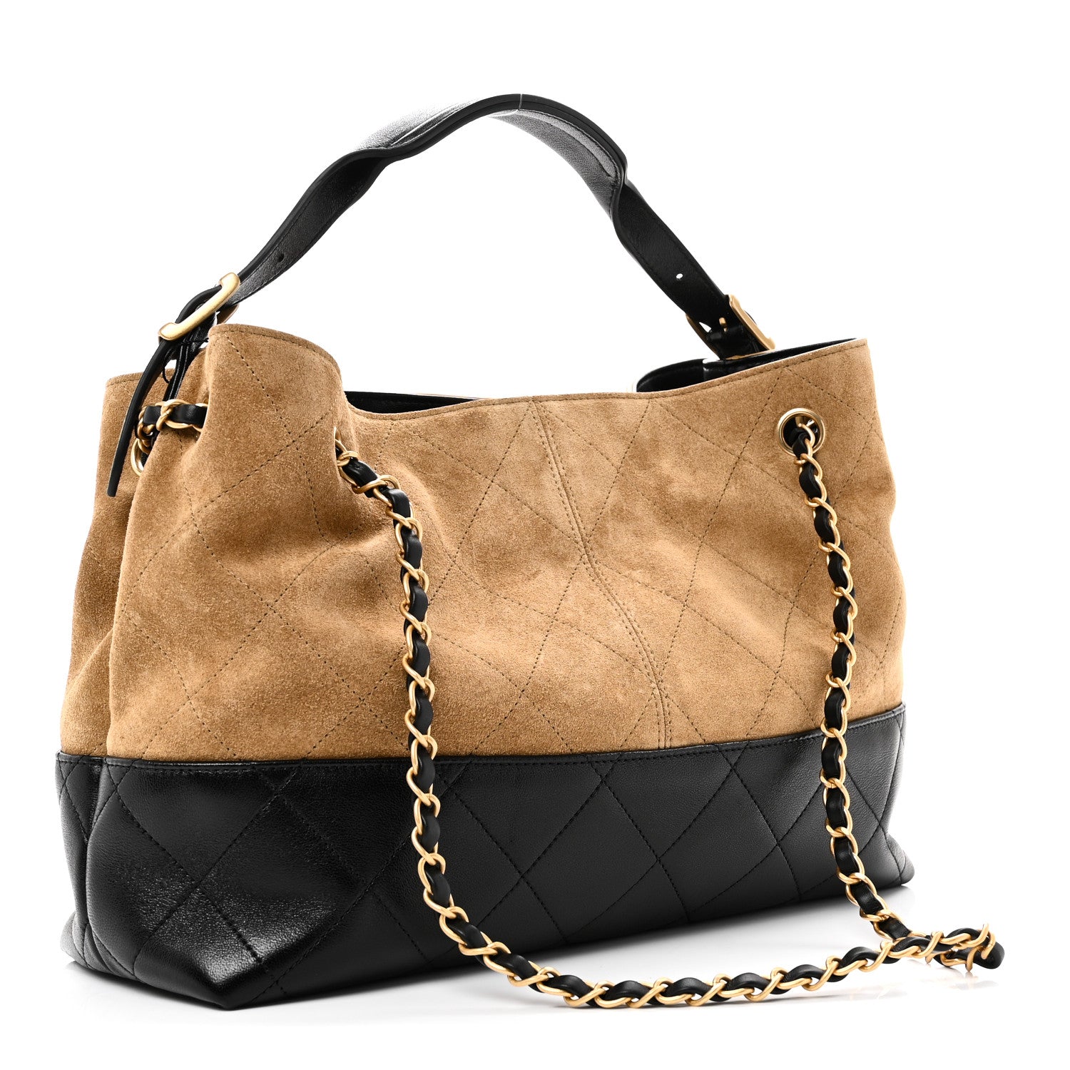 Chanel Suede Calfskin Shiny Lambskin Quilted Small Coco Base Shopping Bag Beige Black 3 of 10