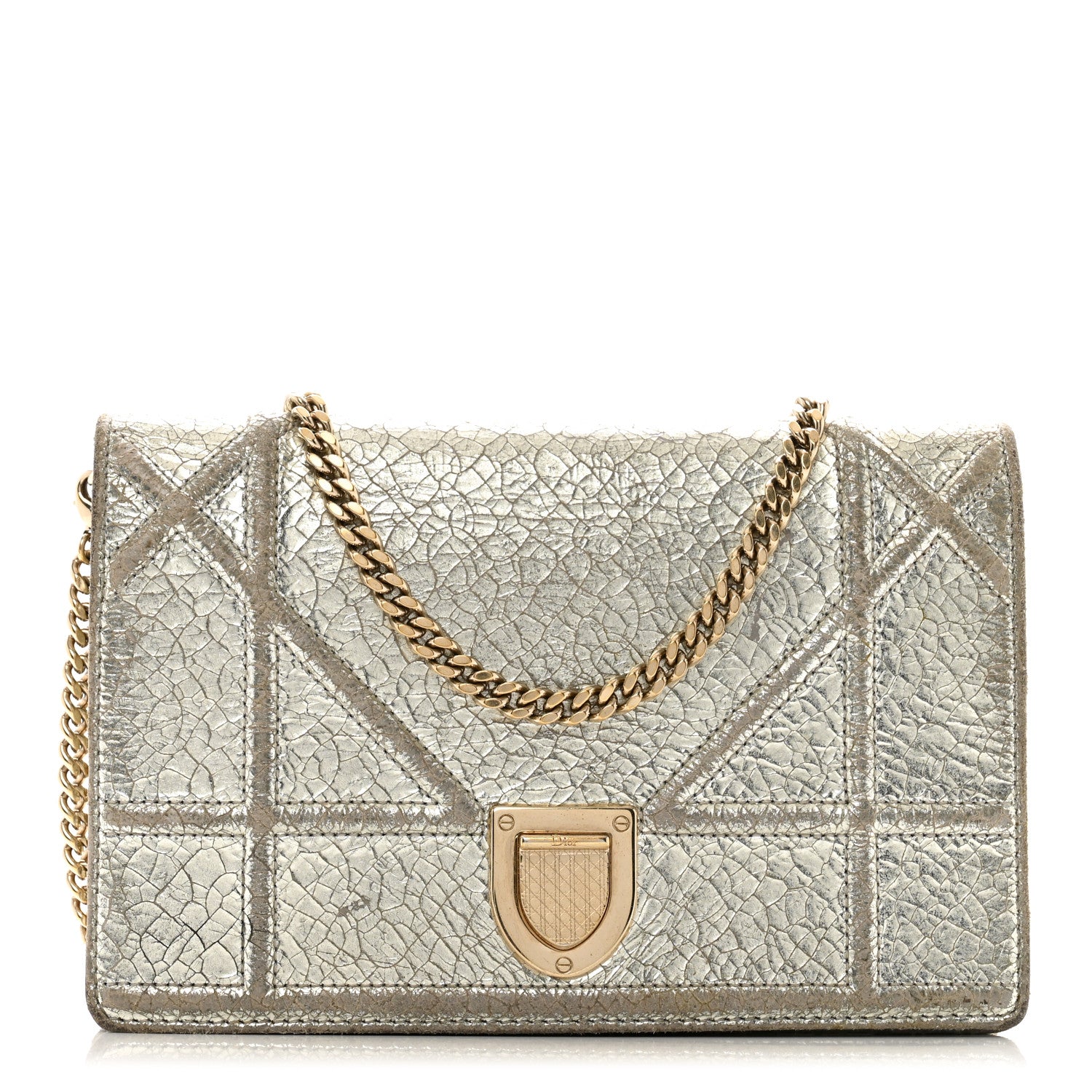 Christian Dior Metallic Ceramic Effect Deerskin Diorama Wallet on Chain Pouch Silver 1 of 12