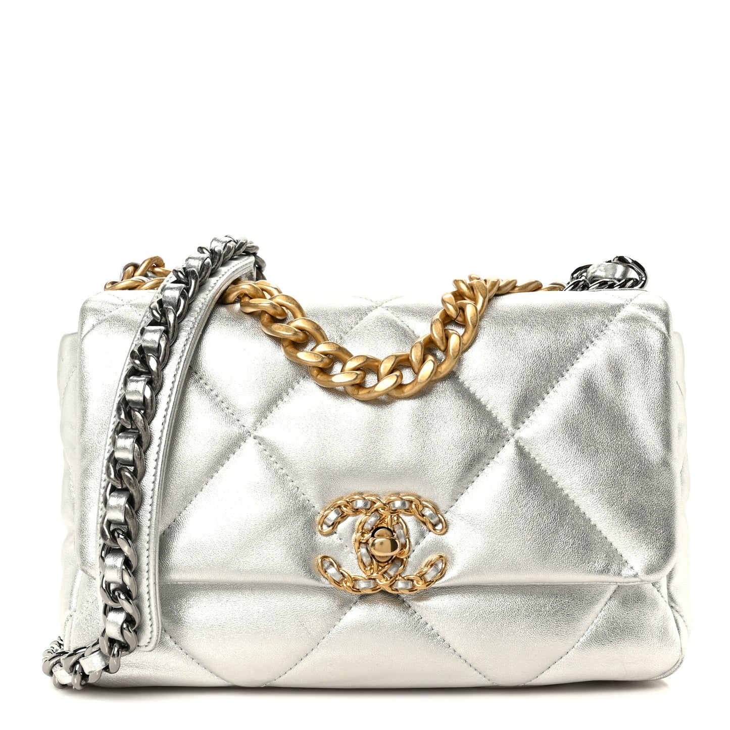 Metallic Lambskin Quilted Medium Chanel 19 Flap Silver