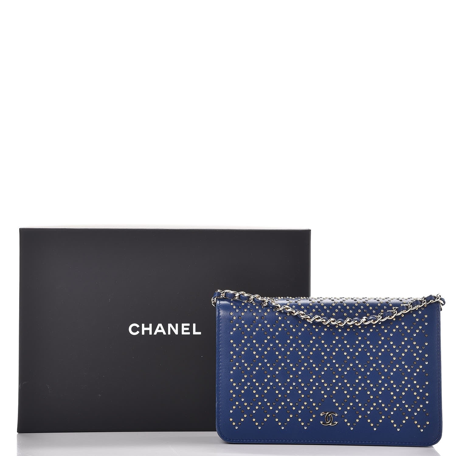 Chanel Lambskin Studded Wallet On Chain WOC Blue 9 of 11