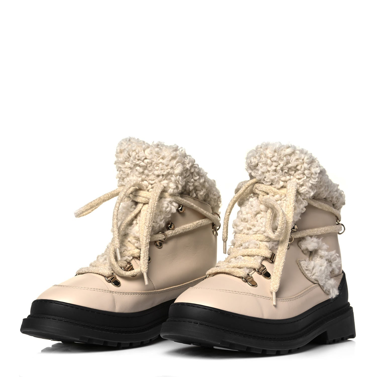Chanel Calfskin Shearling CC Lace Up Boots 37.5 Light Beige Ivory 3 of 8