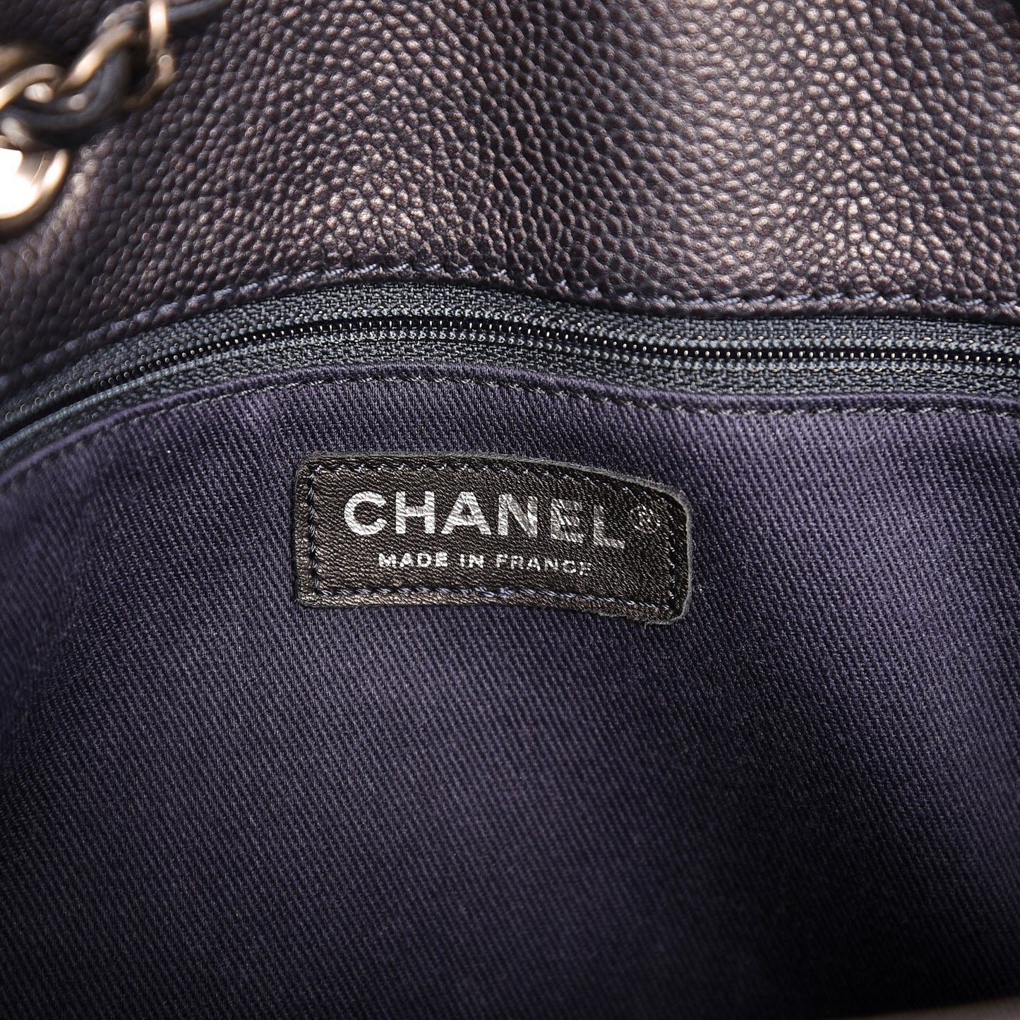 Metallic Grained Calfskin Woven Chain Medium Shopping Tote Dark Navy