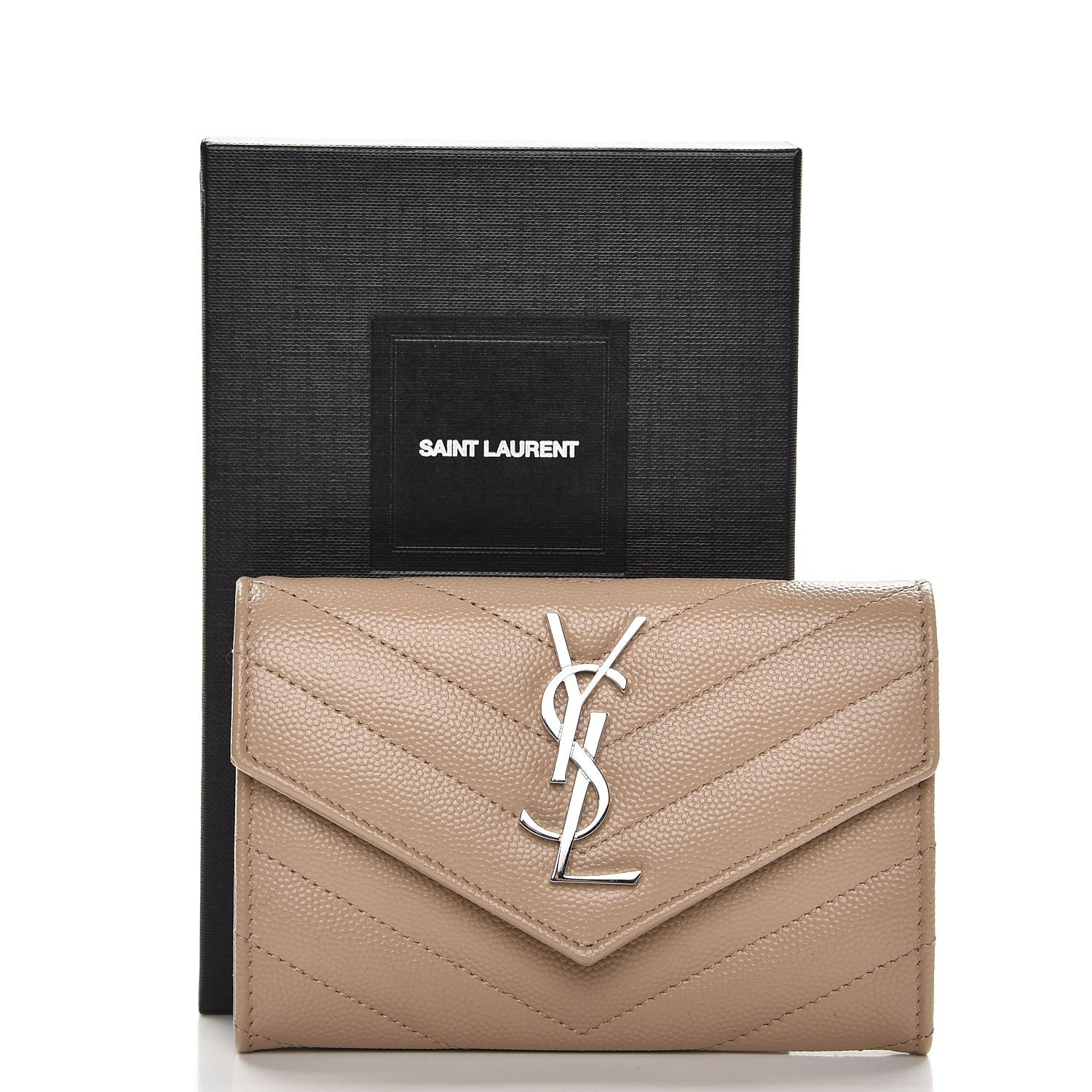 Saint Laurent Grain De Poudre Matelasse Chevron Small Monogram Envelope Wallet Dark Beige 8 of 8