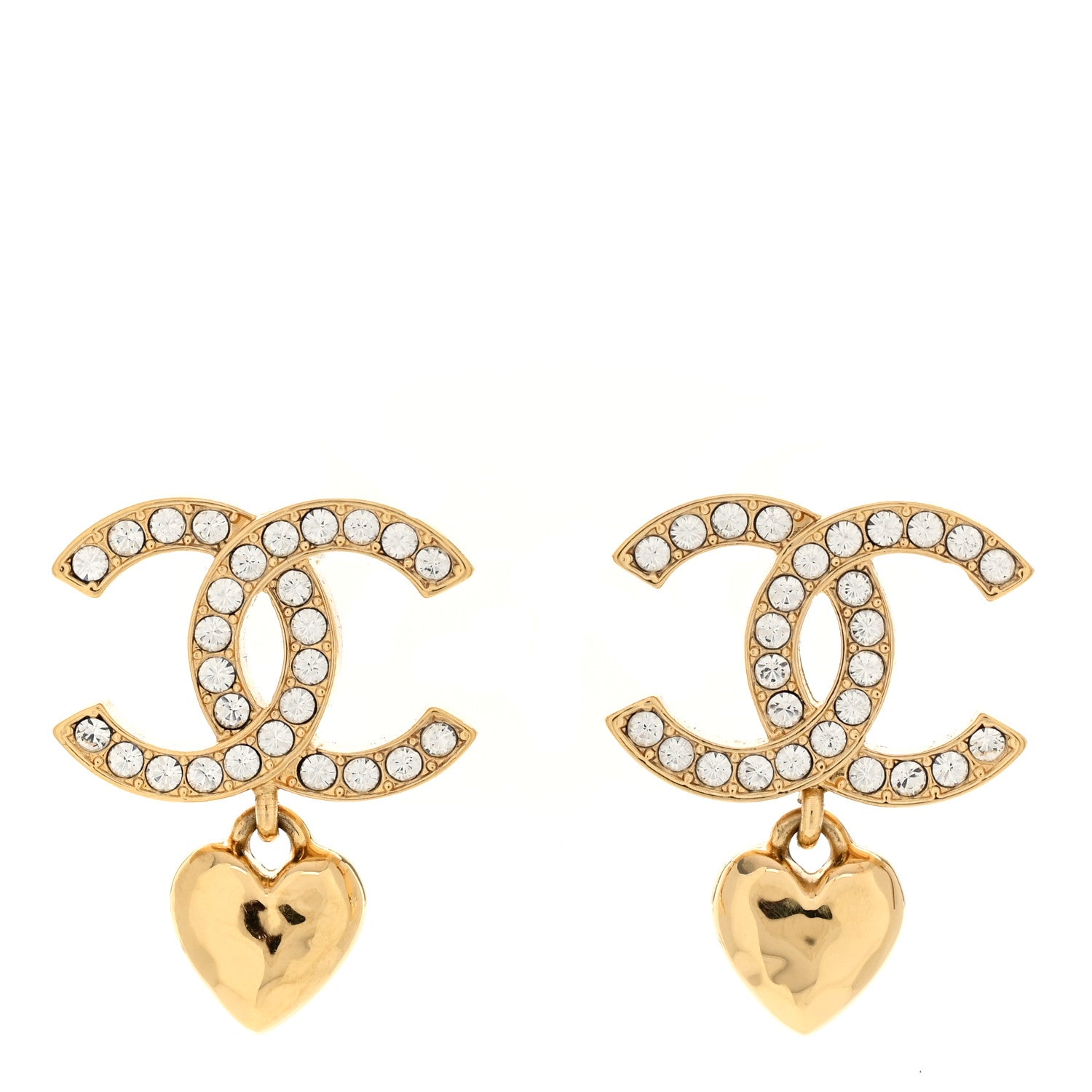 Chanel Metal Crystal CC Heart Drop Earrings Gold 1 of 5