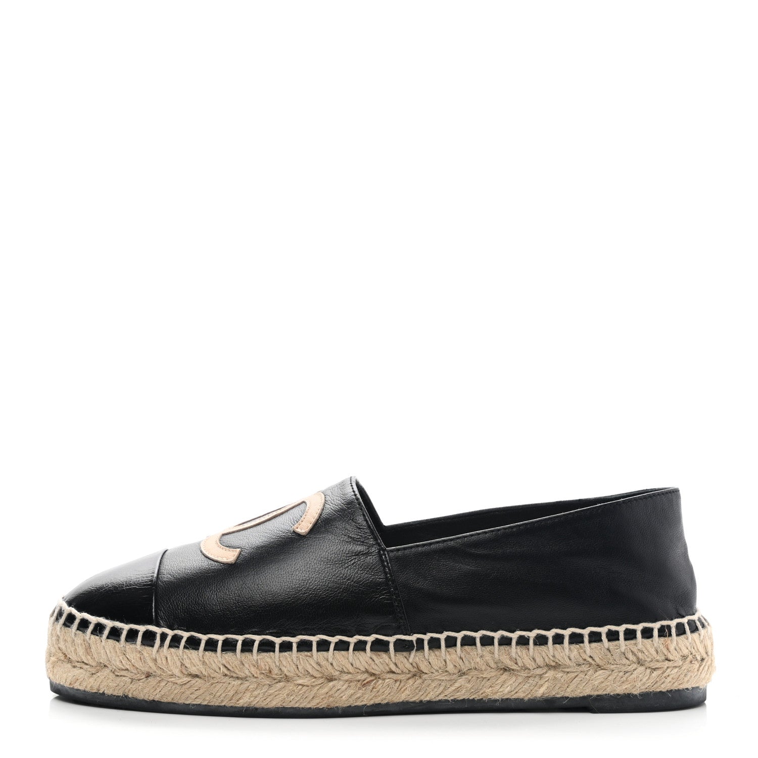 Chanel Lambskin Shiny Calfskin CC Espadrilles 36 Black Beige 1 of 9