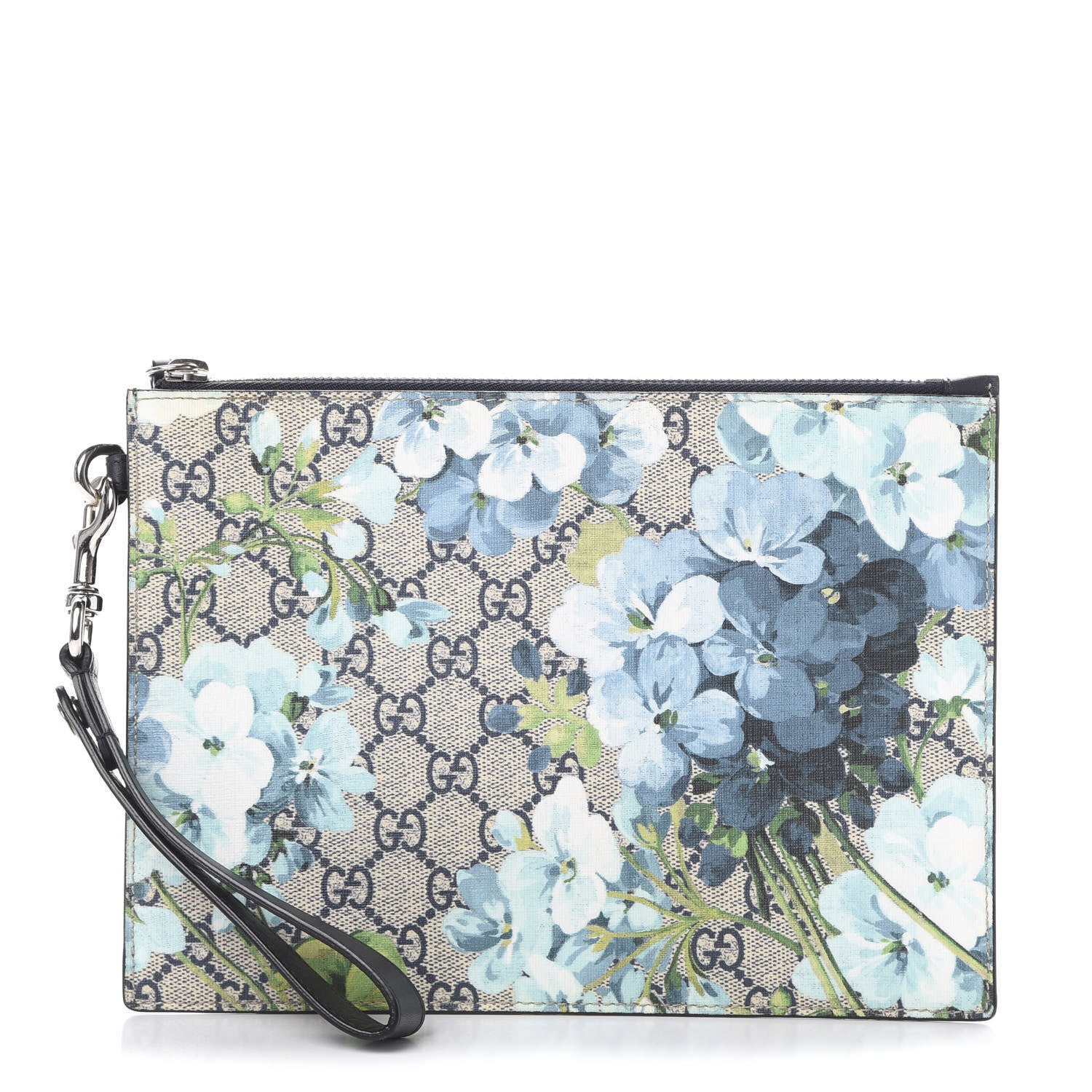 Gucci GG Supreme Monogram Blooms Small Zip Wristlet Pouch Beige Blue Black 1 of 6