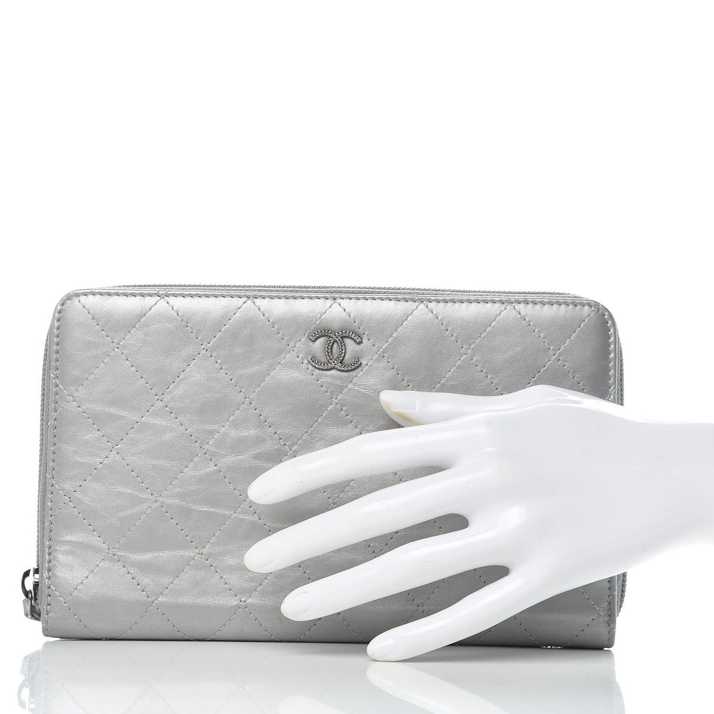 Metallic Aged Calfskin Quilted Palette Large Zip Around Organizer Wallet Silver
