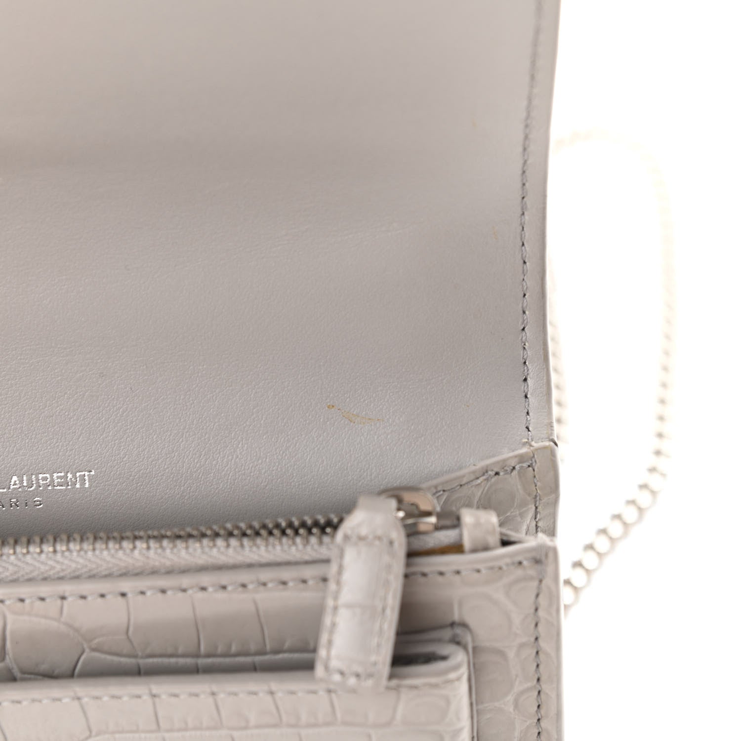 Saint Laurent Calfskin Crocodile Embossed Monogram Sunset Chain Wallet Light Grey 12 of 13