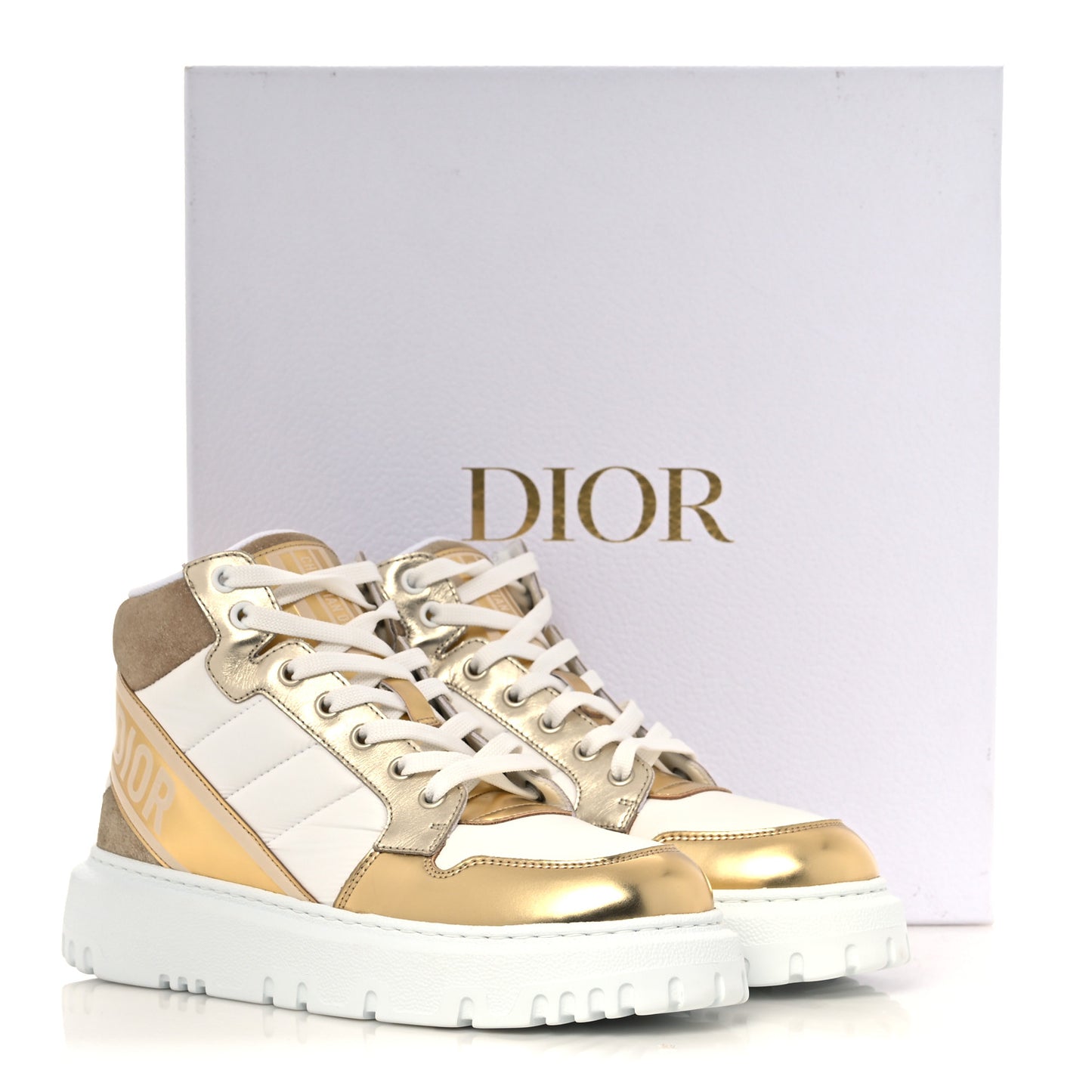 Nylon Laminated Calfskin Womens D-Player High Top Sneakers 37.5 White Gold