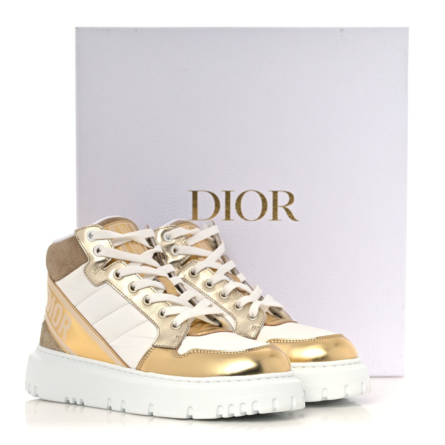 Christian Dior Nylon Laminated Calfskin Womens D-Player High Top Sneakers 37.5 White Gold 8 of 8
