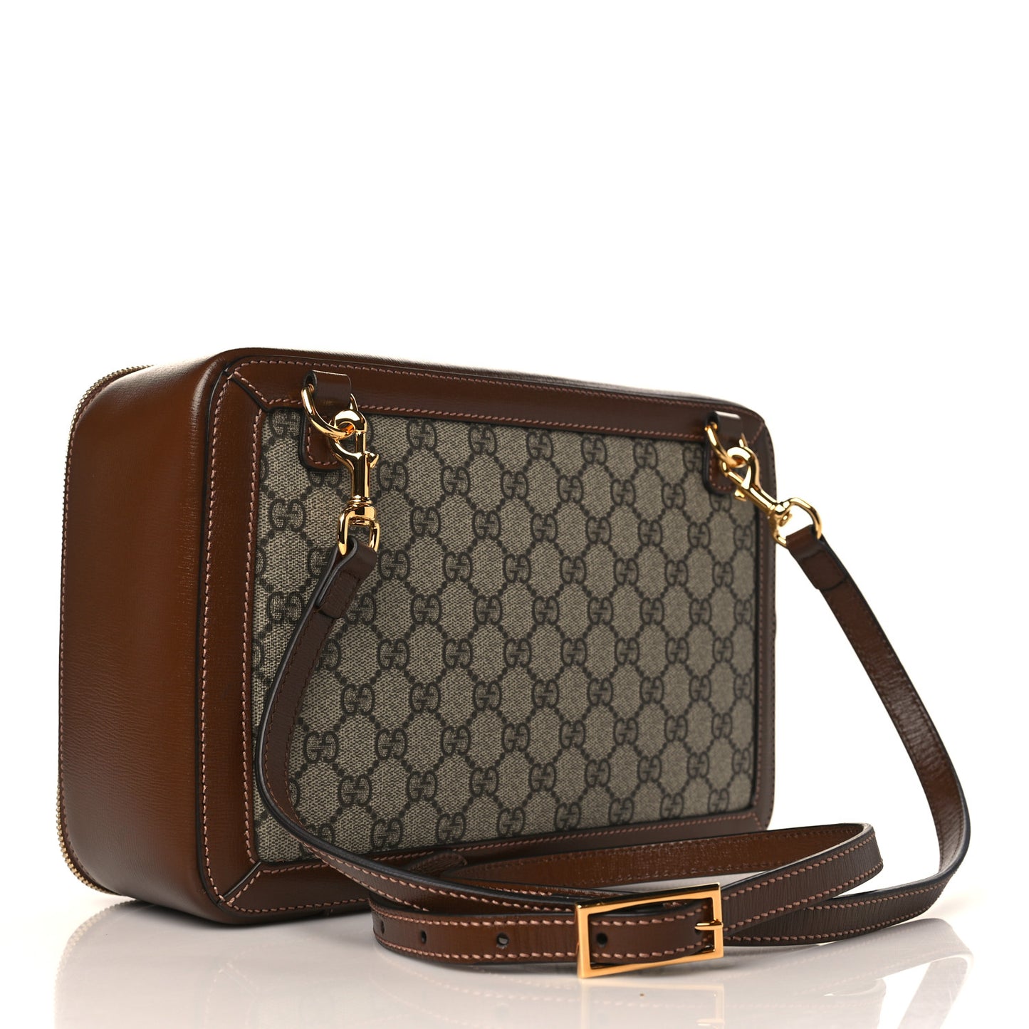 GG Supreme Monogram Glazed Textured Calfskin Retro Interlocking G Box Shoulder Bag Beige Ebony Brown Sugar