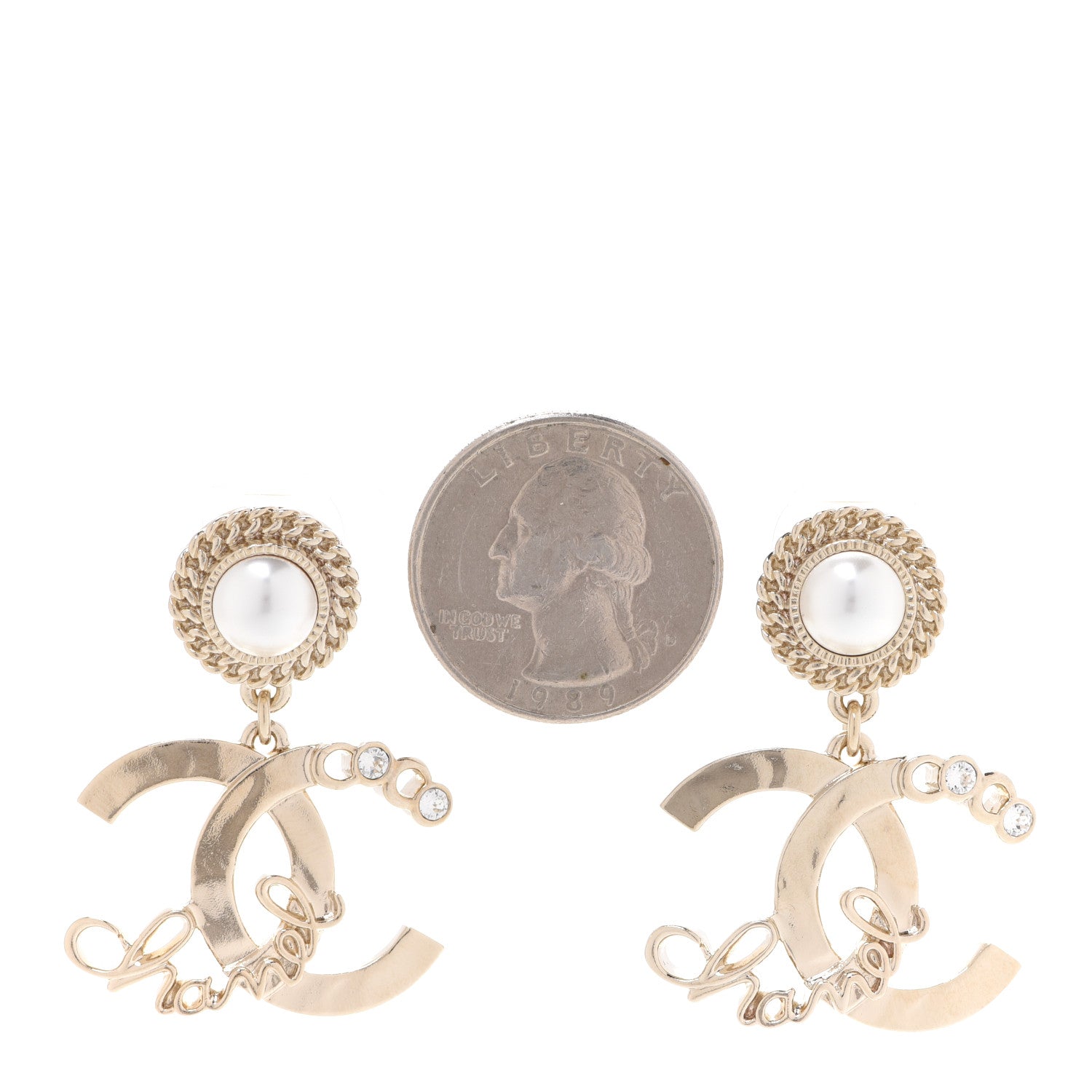 Chanel Metal Pearl Crystal Coco Script CC Drop Earrings Gold 2 of 5