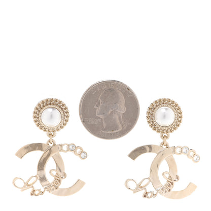 Chanel Metal Pearl Crystal Coco Script CC Drop Earrings Gold 2 of 5
