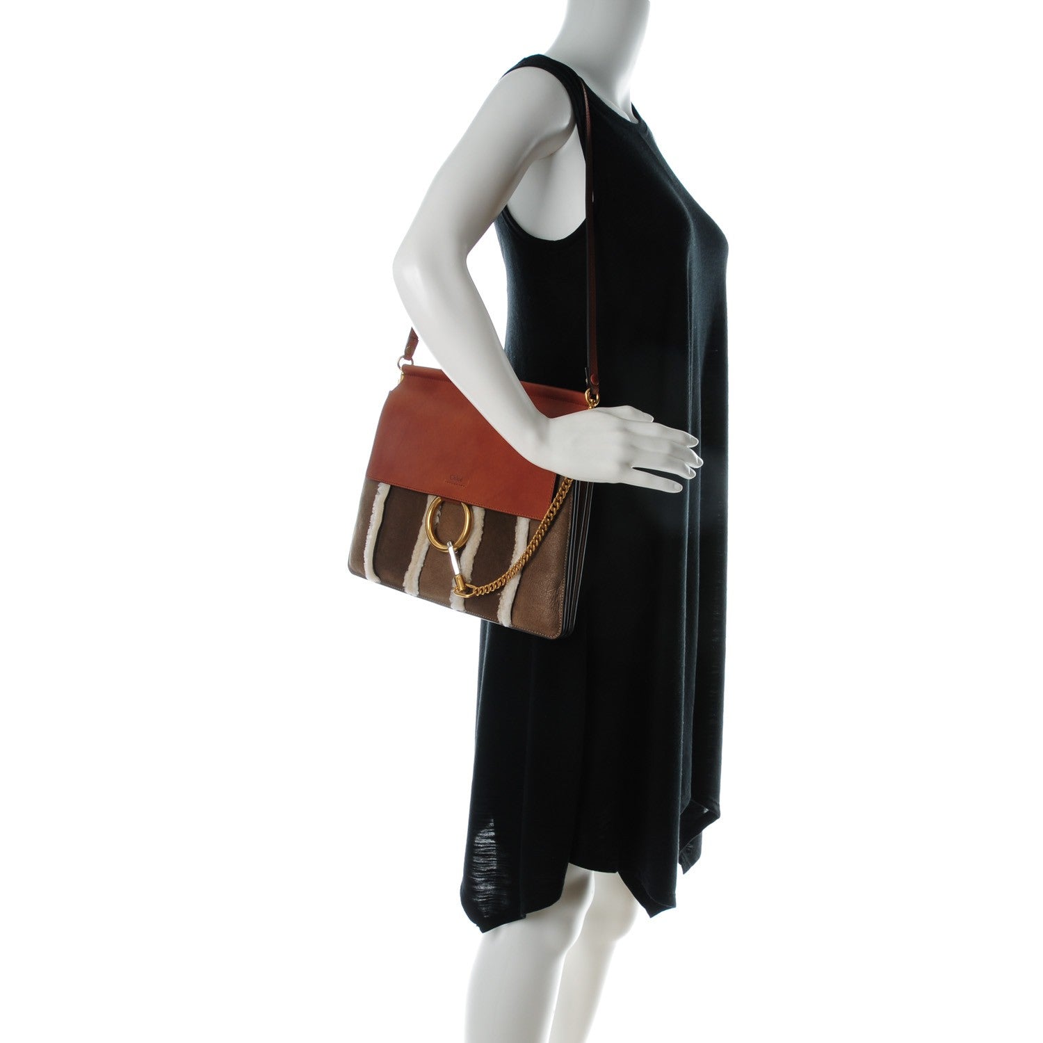 Chloe Suede Calfskin Striped Shearling Medium Faye Shoulder Bag Mahogany 2 of 8