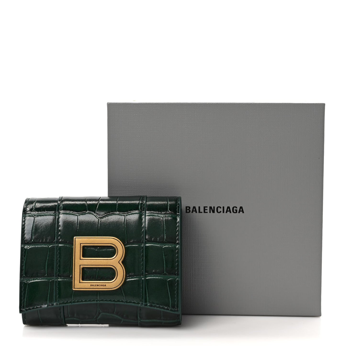 Shiny Calfskin Crocodile Embossed Hourglass Compact Wallet Forest Green