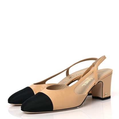 Chanel Goatskin Grosgrain Cap Toe CC Slingback Pumps 38 Beige Black 3 of 7