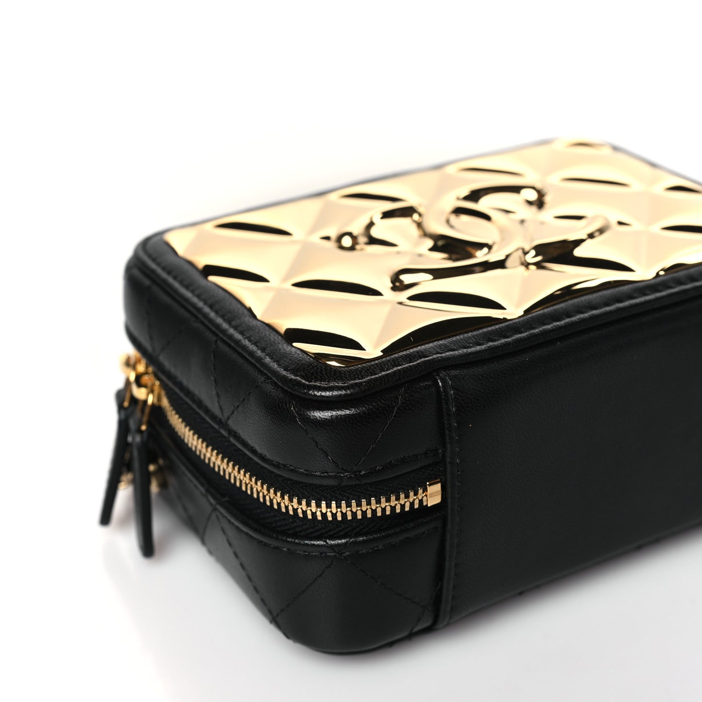 Lambskin Metal Quilted Mini Vanity Case With Chain Black Gold