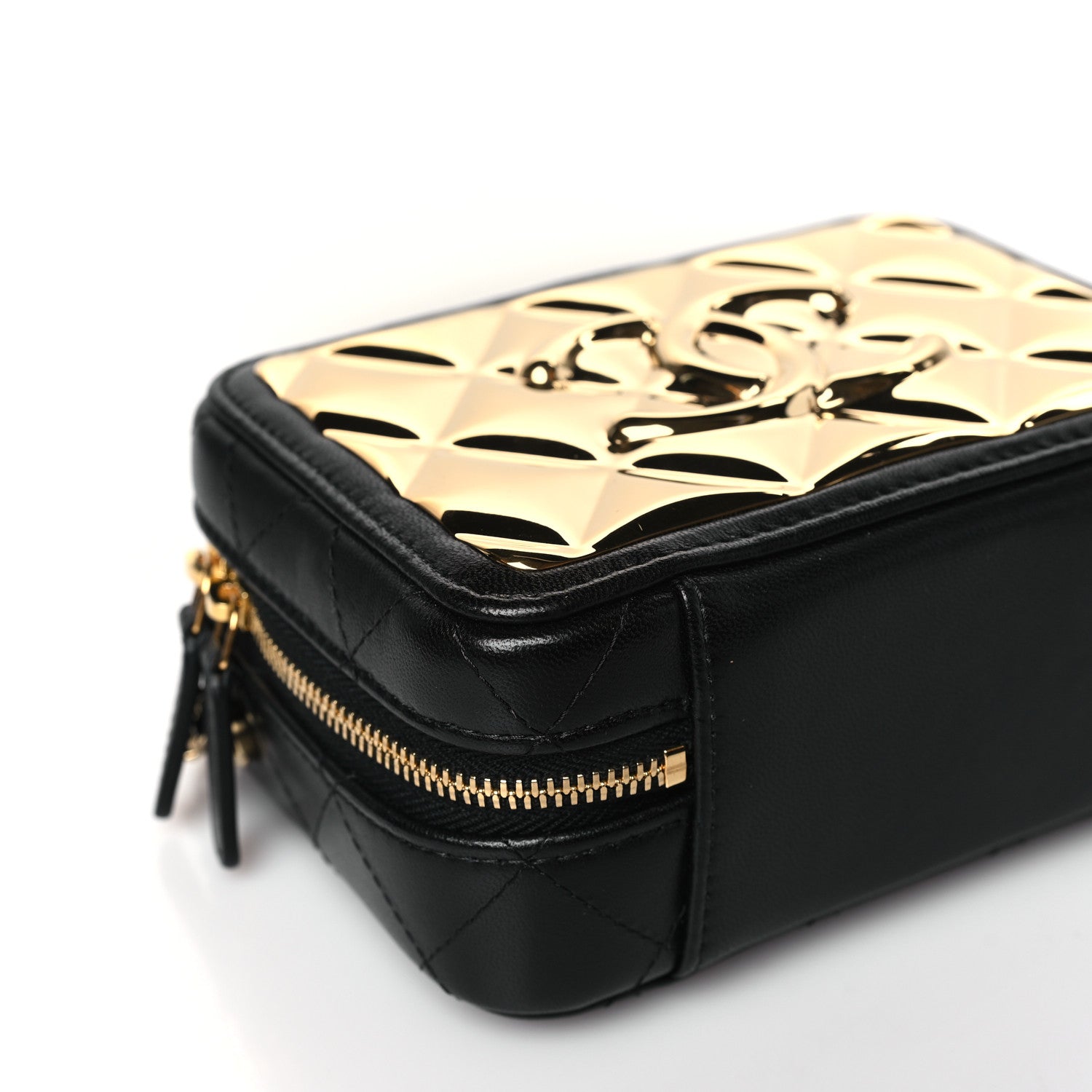Chanel Lambskin Metal Quilted Mini Vanity Case With Chain Black Gold 8 of 9