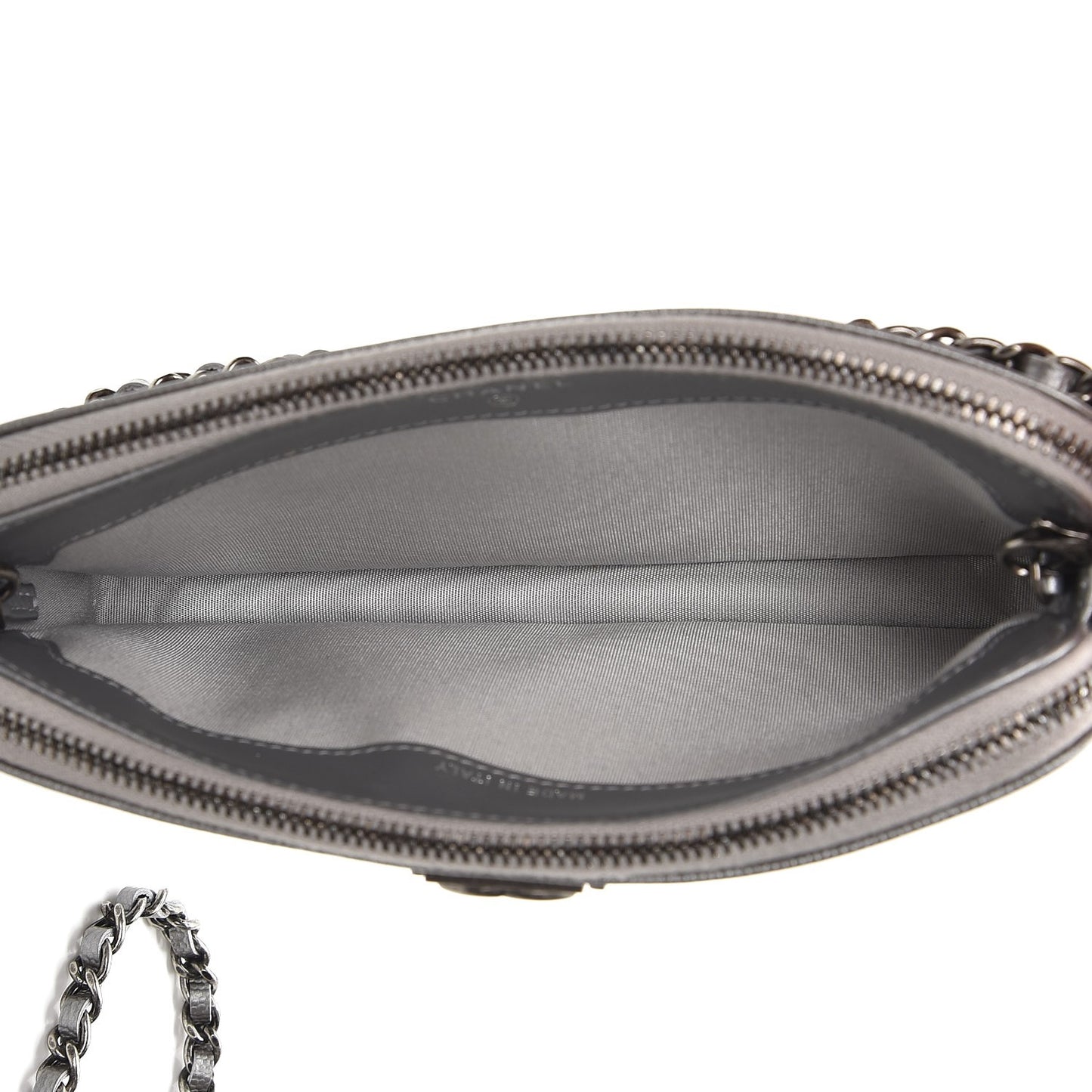 Metallic Caviar Quilted Small Boy Clutch With Chain Silver