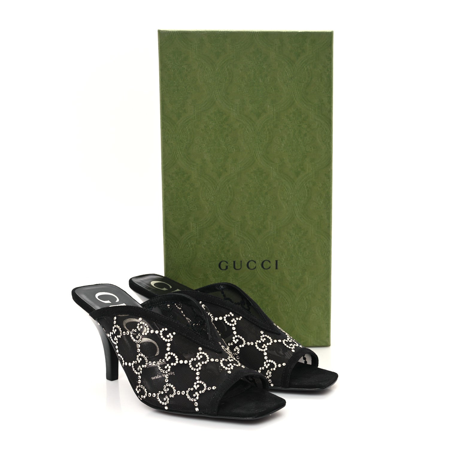 Gucci Tela Retino Kid Scamosciato Crystal GG Monogram Square G 95mm Slide Sandals 35 Black 9 of 9