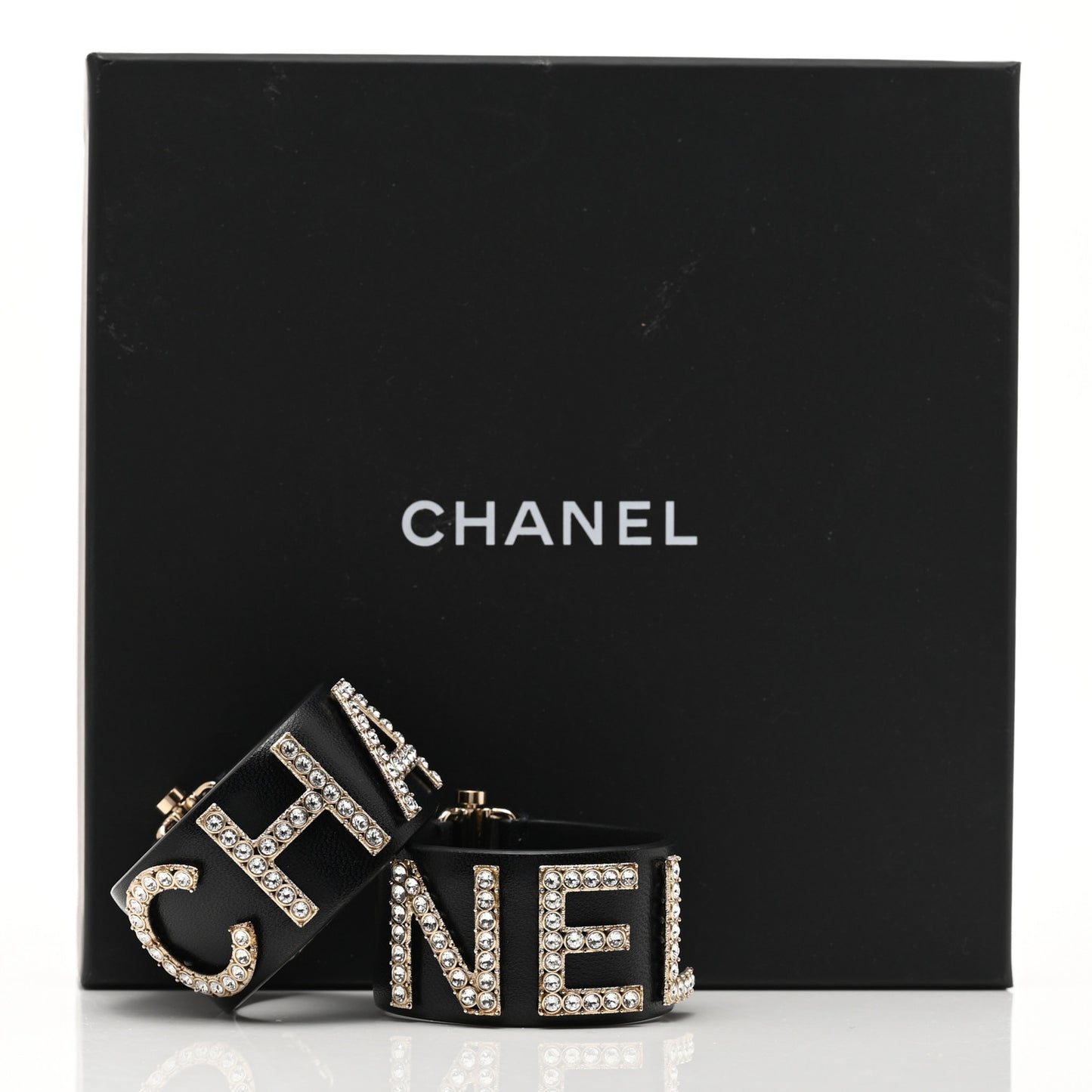 Crystal Lambskin Cha-Nel Logo Cuff Set S Black Gold