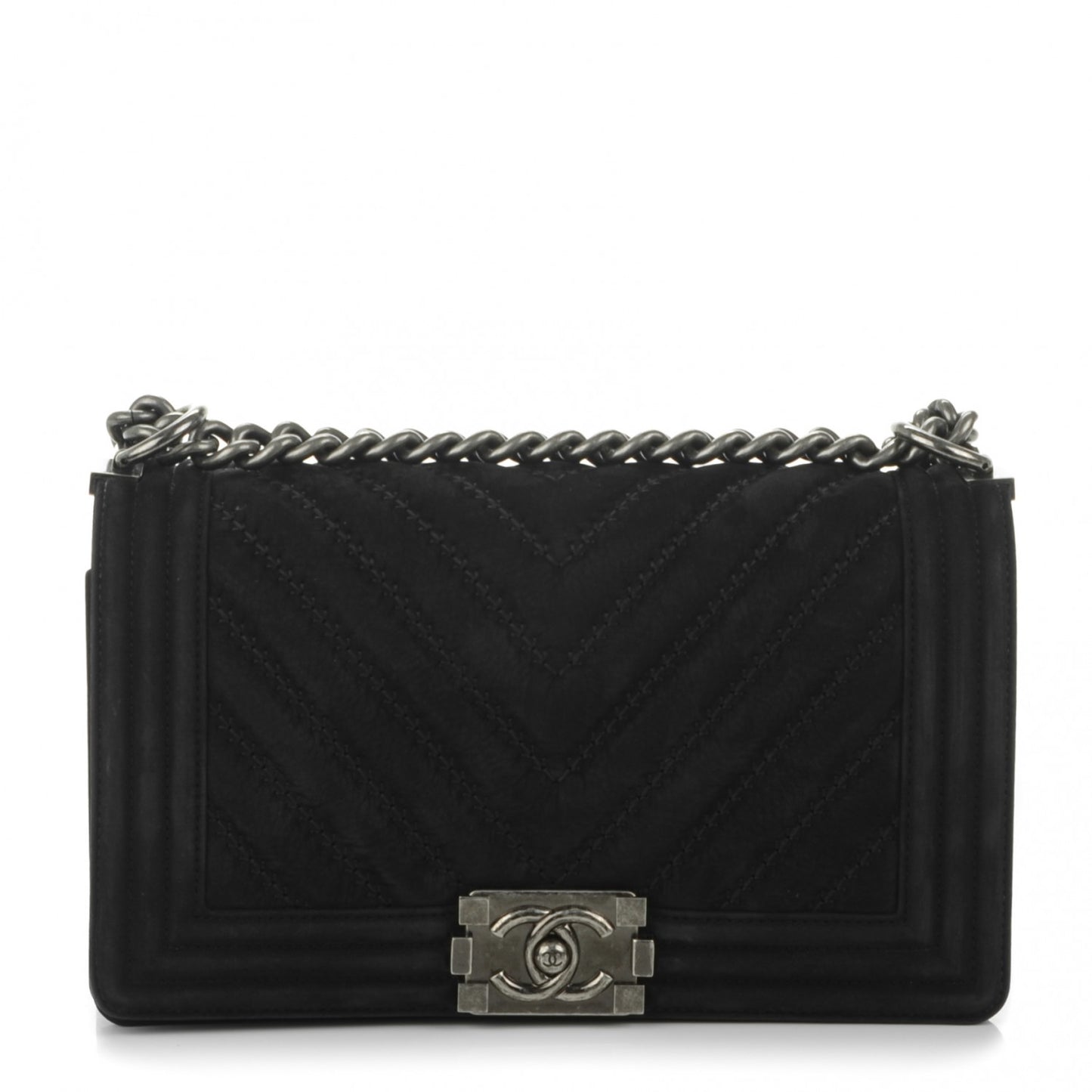 Nubuck Chevron Stitched Medium Boy Flap Black