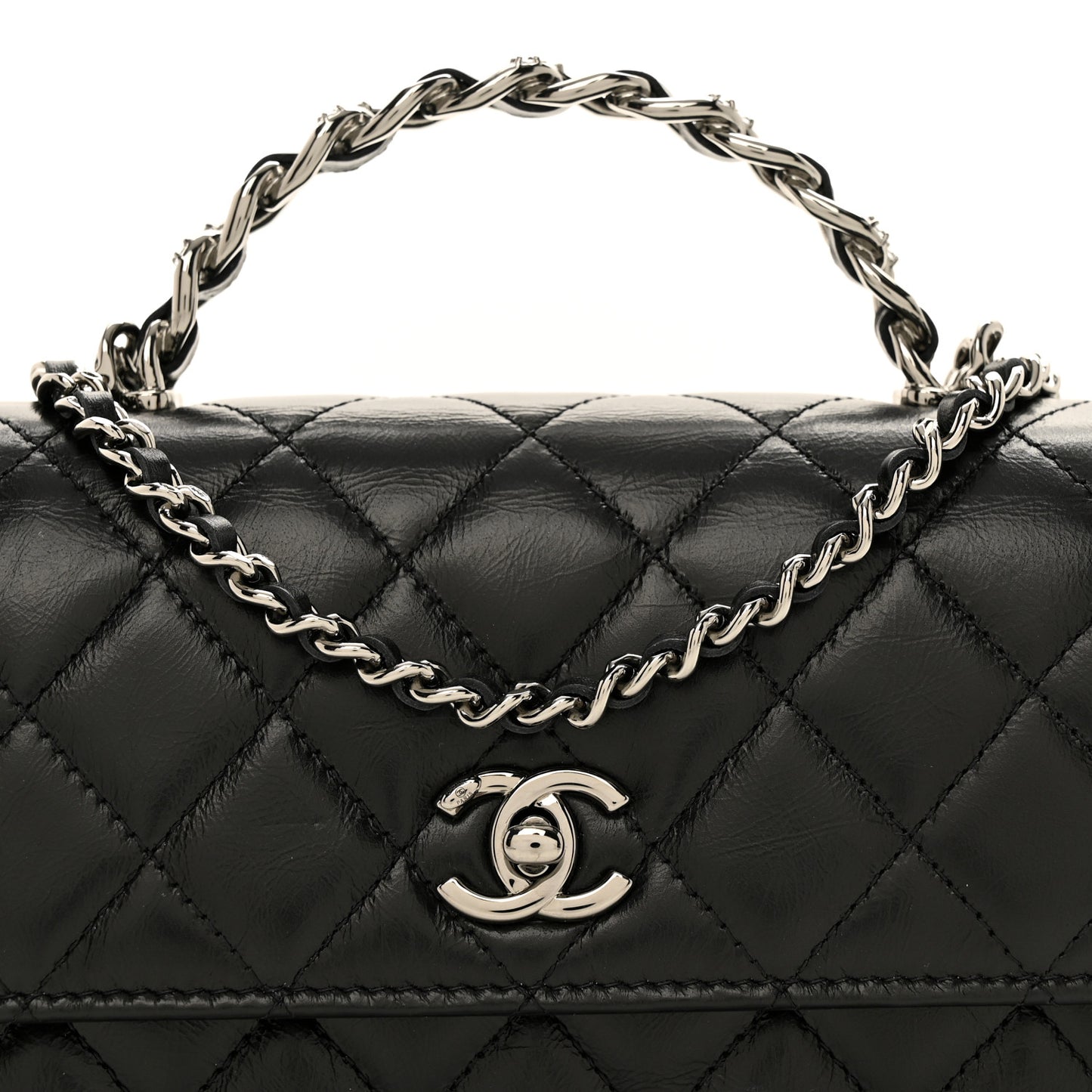 Shiny Crumpled Calfskin Strass Quilted Top Handle Clutch With Chain Black
