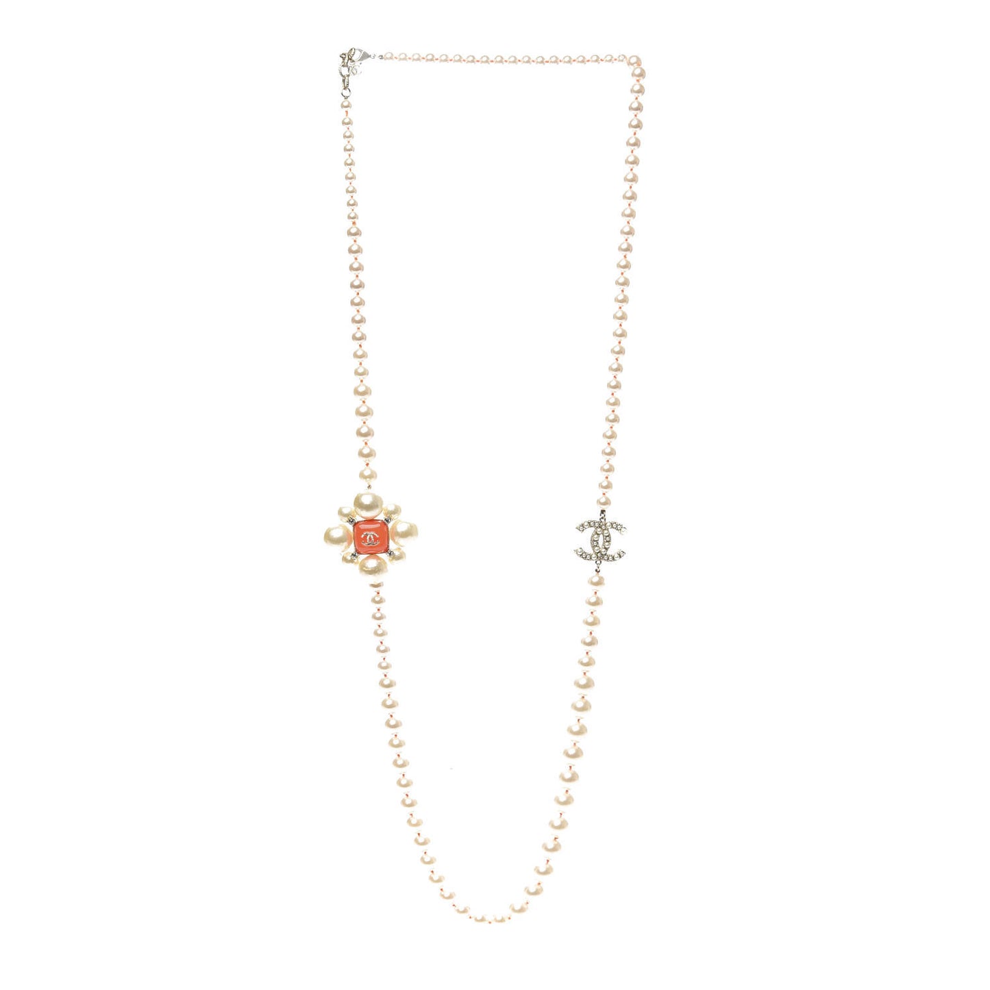 Pearl Crystal Gripoix CC Long Necklace Gold Pearly White Orange