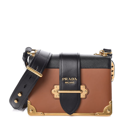 Prada City Calfskin Saffiano Cahier Bag Cognac Nero Black 1 of 8