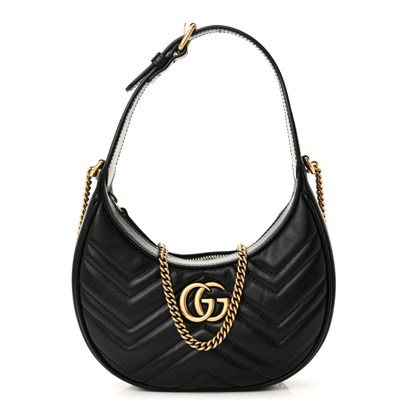 Calfskin Matelasse Chevron Mini GG Marmont Half Moon Hobo Black