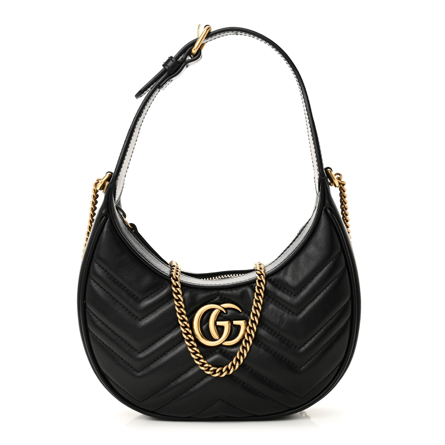Gucci Calfskin Matelasse Chevron Mini GG Marmont Half Moon Hobo Black 1 of 10