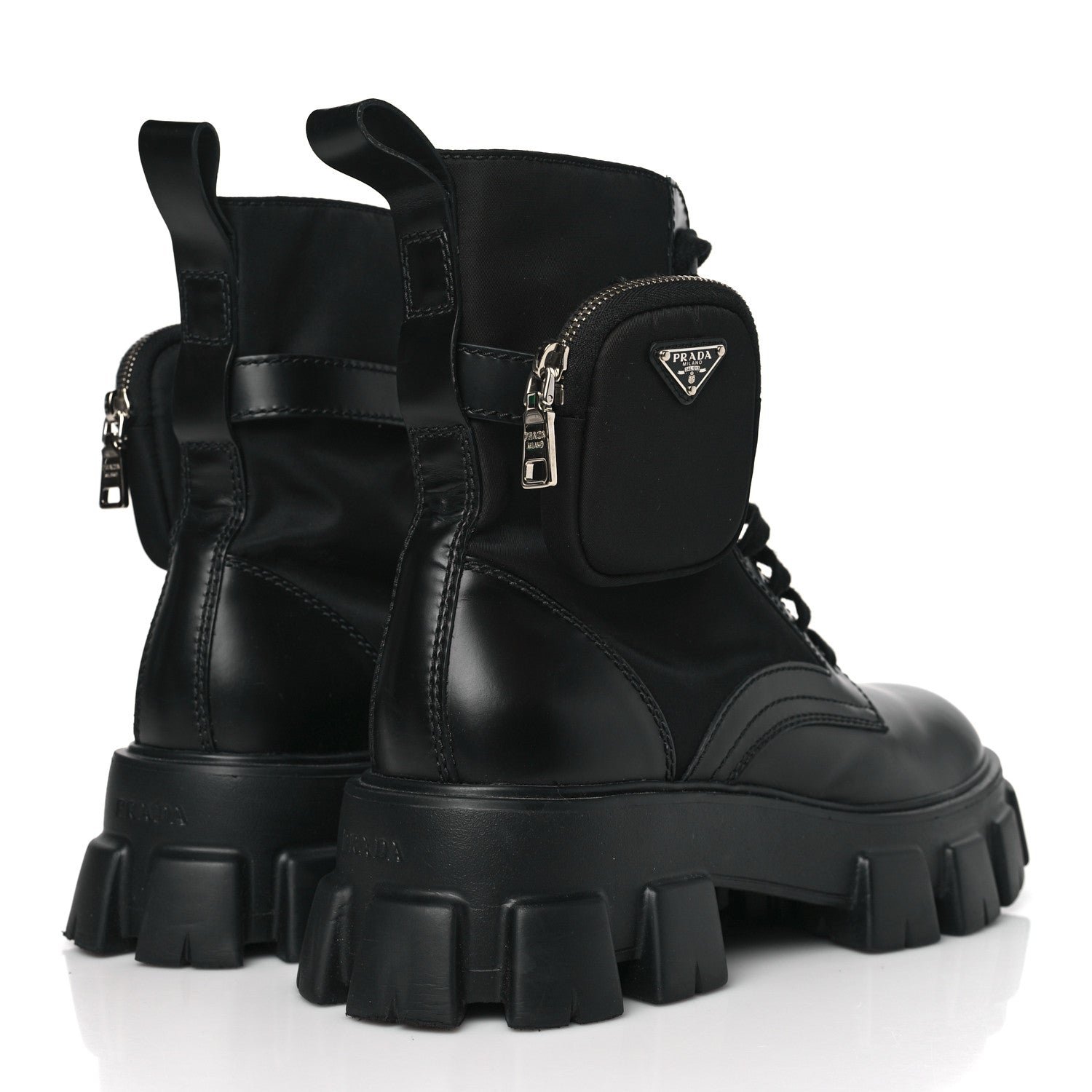 Prada Spazzolato Rois Re-Nylon Metal Triangle Logo Mens Monolith Pouch Pocket 60mm Combat Boots 10 Black 4 of 8