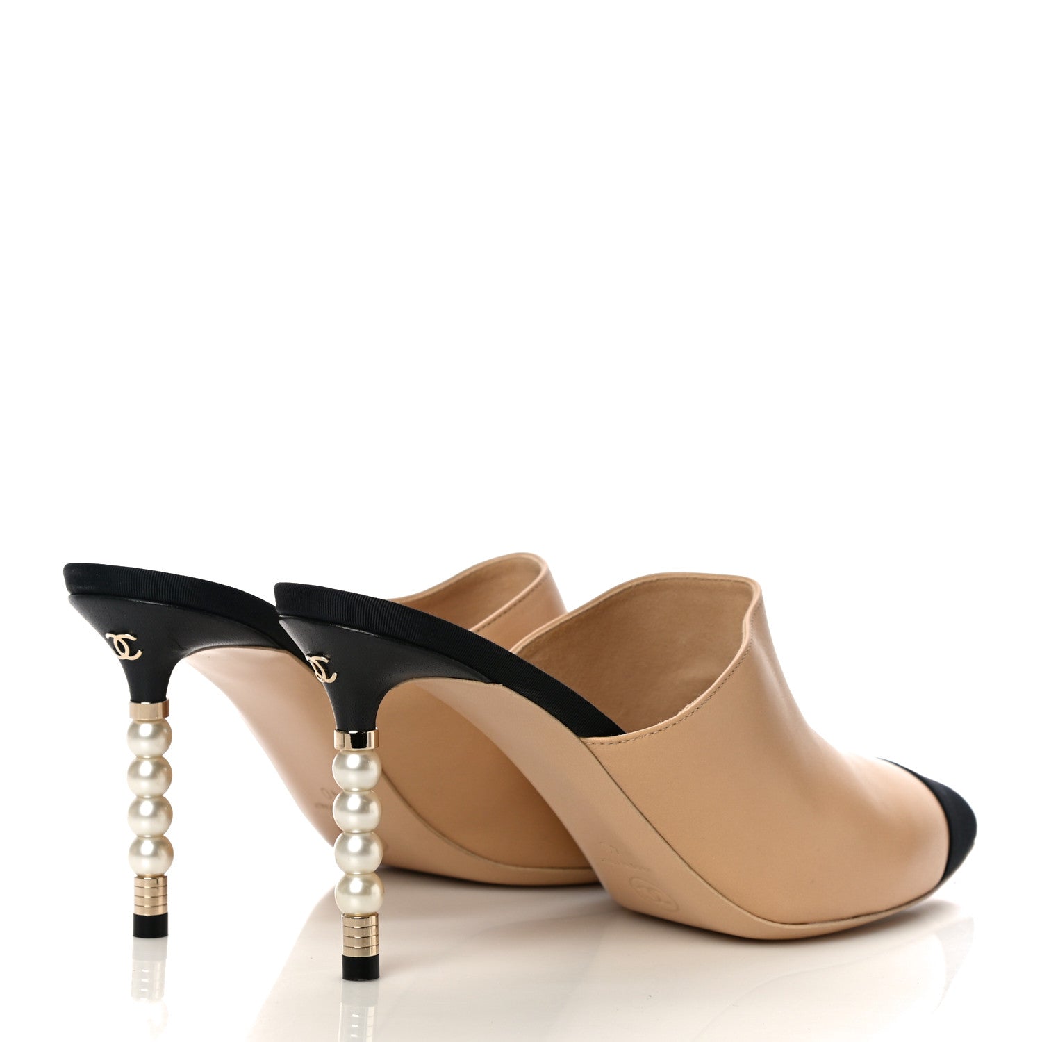 Chanel Lambskin Grosgrain Cap Toe Pearl Mule 40 Beige Black 950555