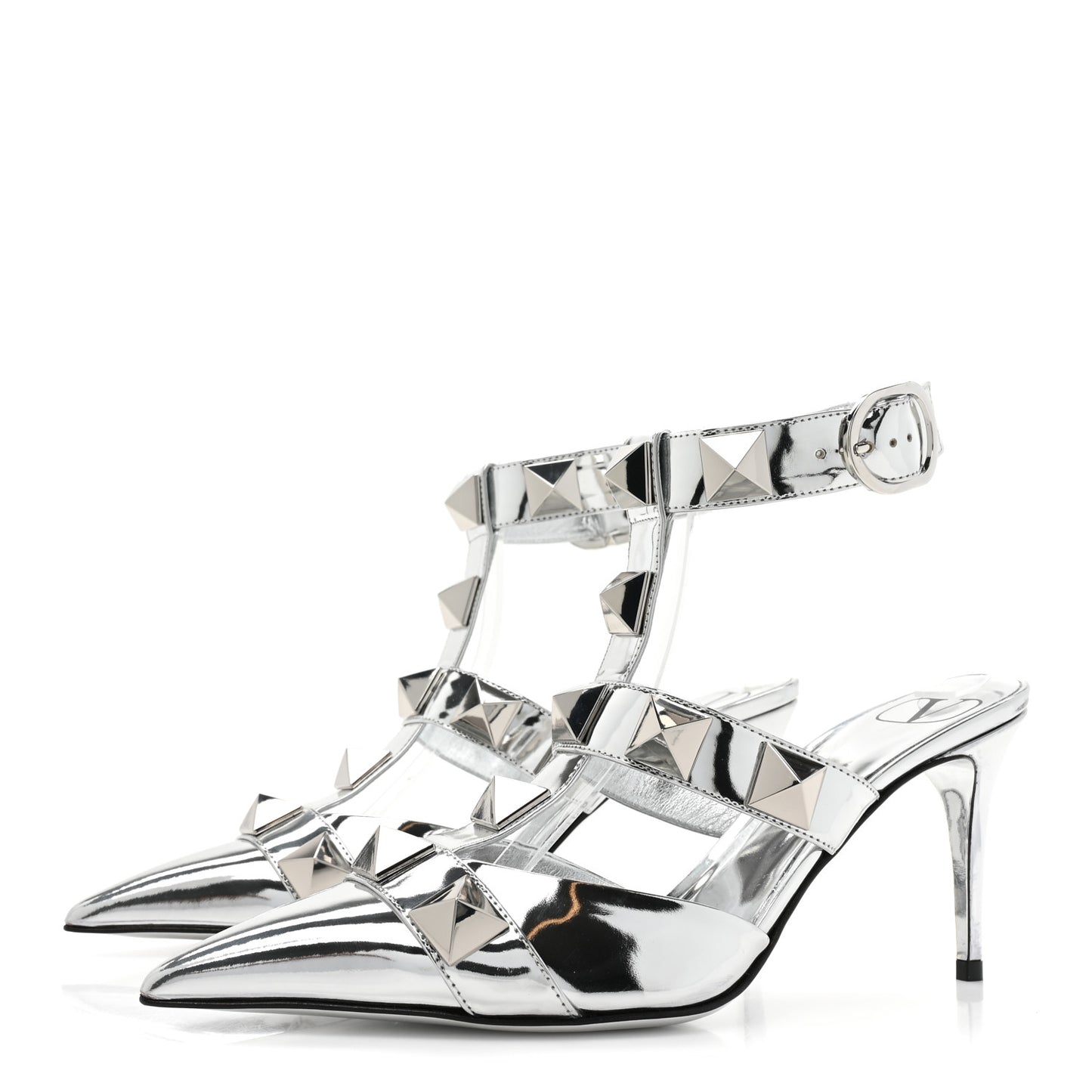 Calfskin Monochrome Roman Stud Ankle Strap 80mm Pumps 38 Silver