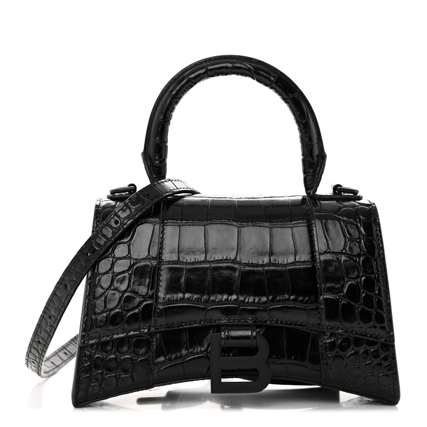 Shiny Calfskin Monochrome Crocodile Embossed Hourglass Top Handle Bag XS Black