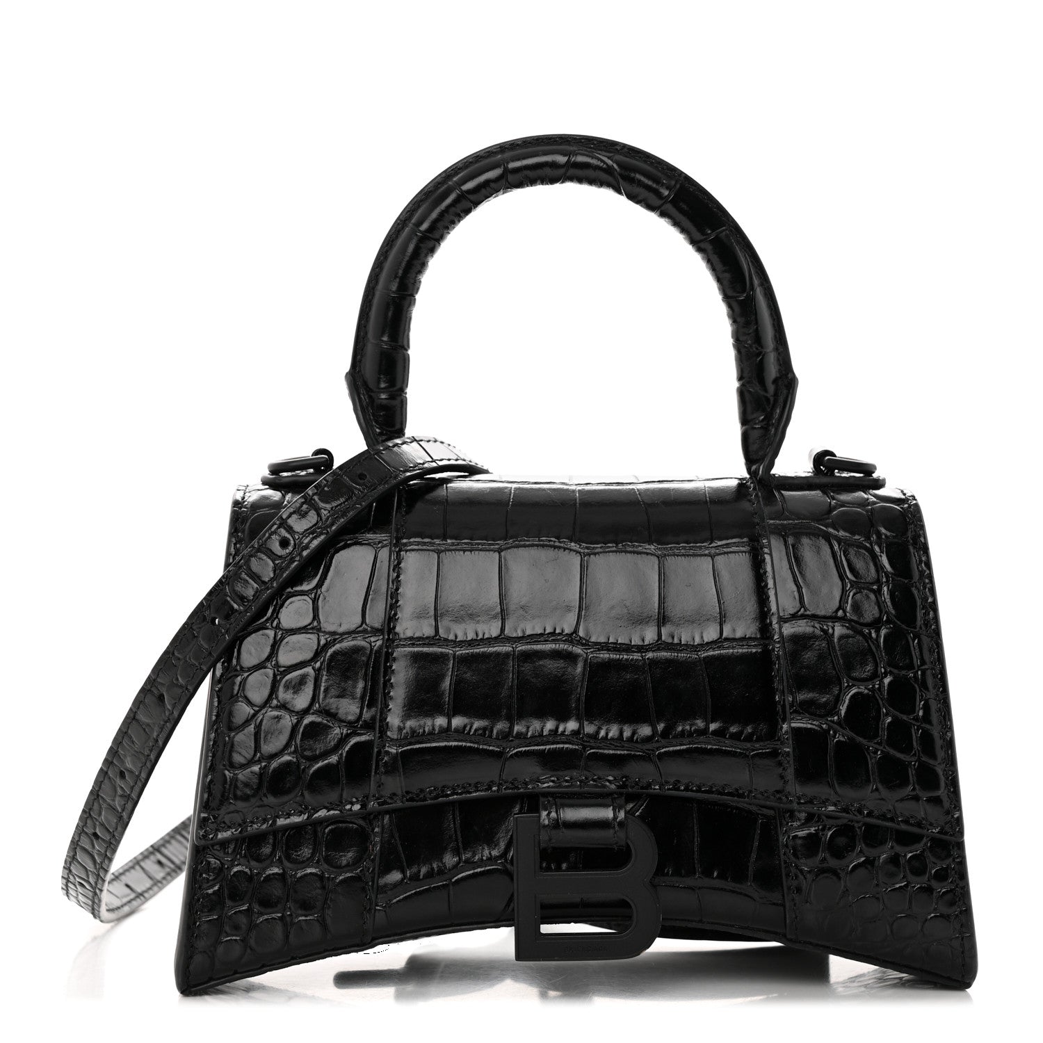 Balenciaga Shiny Calfskin Monochrome Crocodile Embossed Hourglass Top Handle Bag XS Black 1 of 17