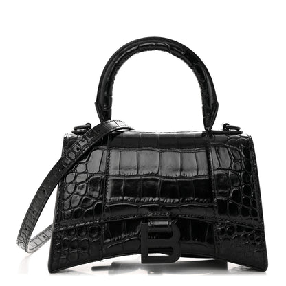 Balenciaga Shiny Calfskin Monochrome Crocodile Embossed Hourglass Top Handle Bag XS Black 1 of 17