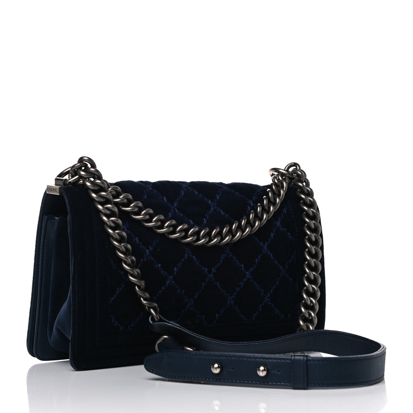 Velvet Tweed Quilted Medium Boy Flap Dark Navy Blue