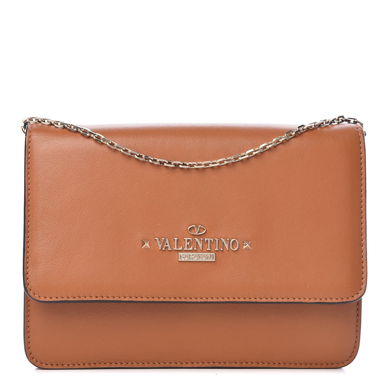 Valentino Garavani Calfskin Rockstud Chain Wallet Flap Bag Tan 1 of 9