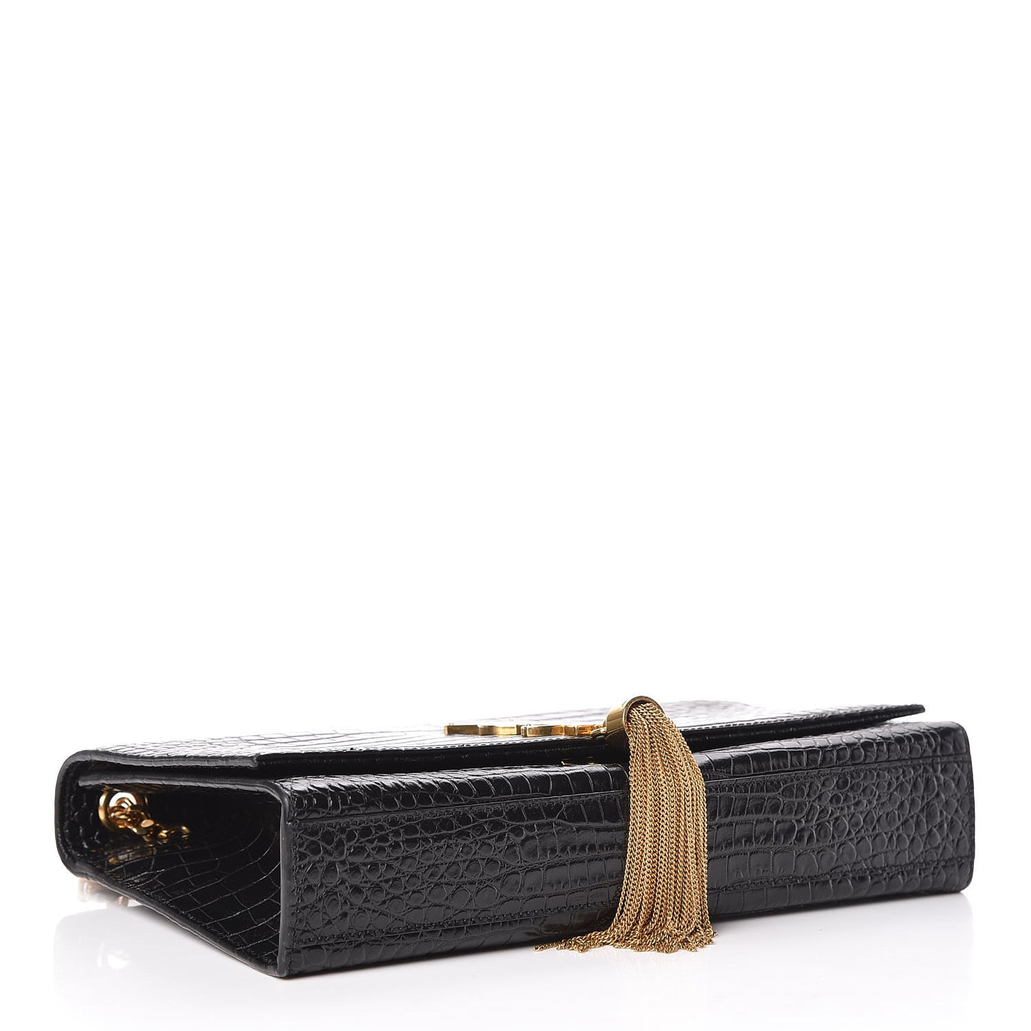 Calfskin Crocodile Embossed Medium Classic Monogram Kate Tassel Satchel Black