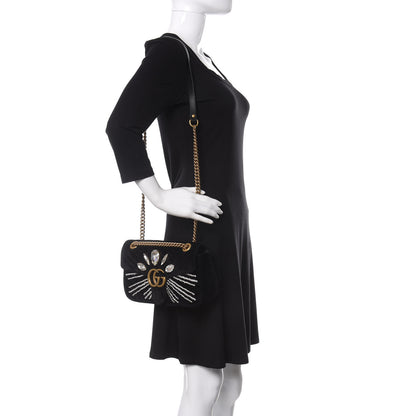 Gucci Velvet Matelasse Marquise Crystals Embroidered Small GG Marmont Shoulder Bag Black 2 of 13