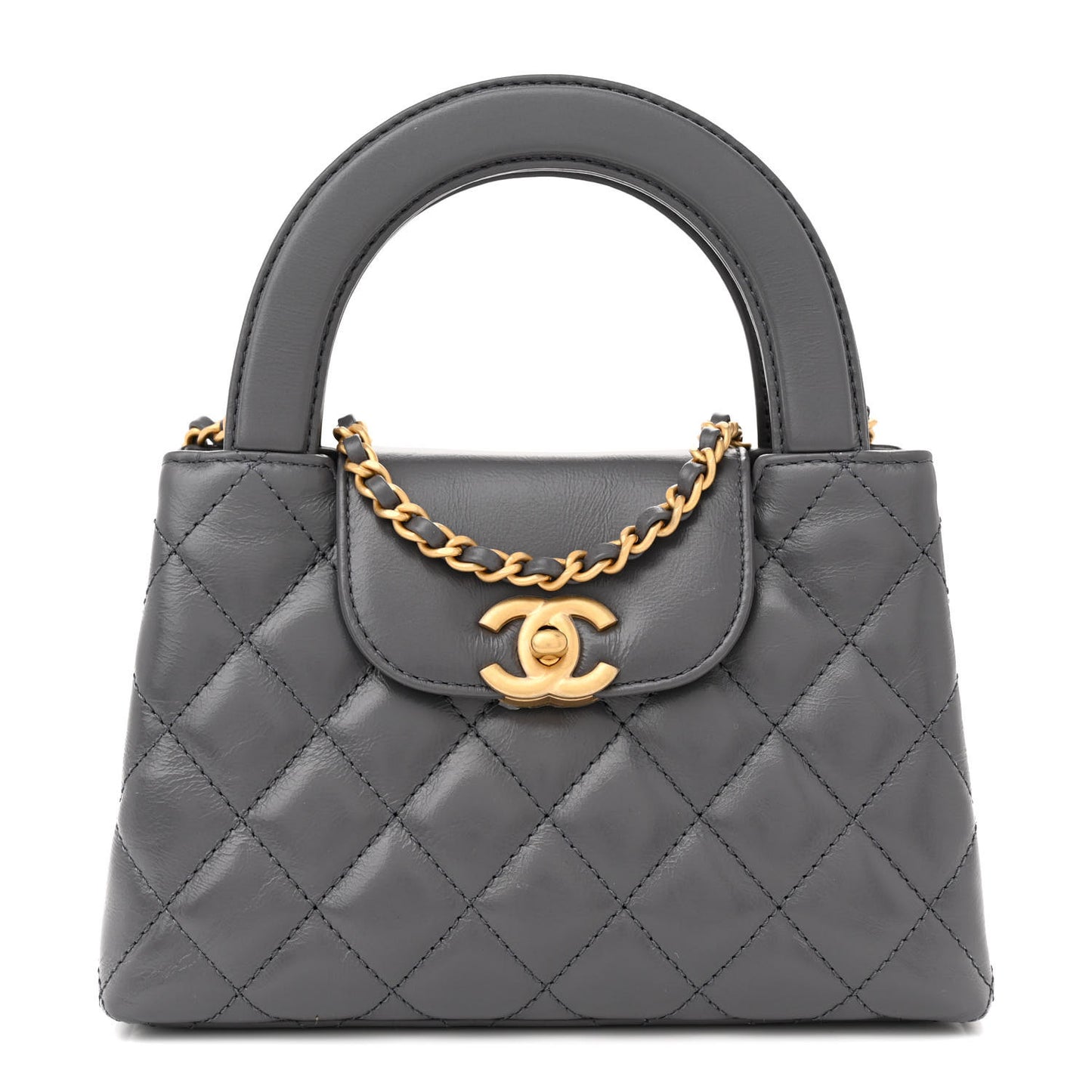 Shiny Aged Calfskin Quilted Nano Kelly Shopper Grey