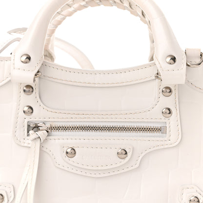 Balenciaga Semi Shiny Calfskin Crocodile Embossed Neo Classic Silver Hardware Mini City White 8 of 11