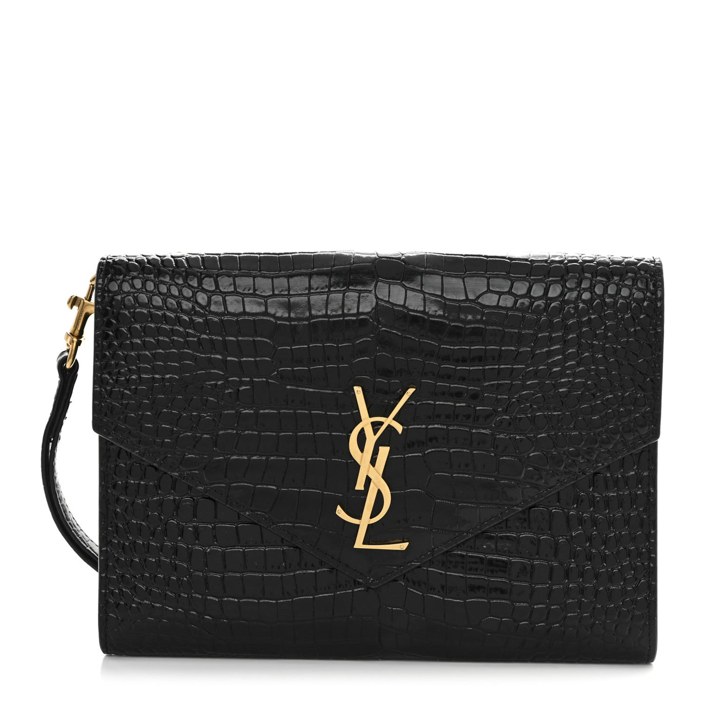 Calfskin Crocodile Embossed Monogram Cassandre Flap Pouch Black
